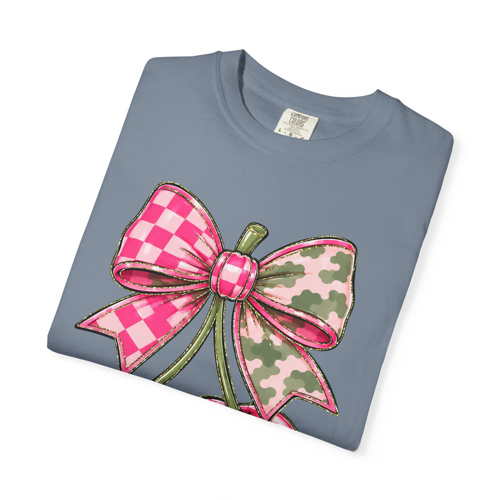 Pink Camo Checker Cherry Tee — Bow Graphic T-Shirt