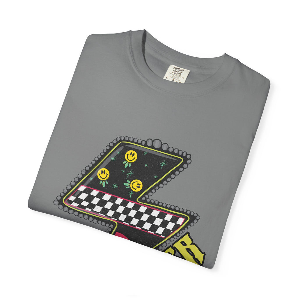 Lightning Bolt Graphic T‑Shirt — Retro Checker & Neon Stripe Design