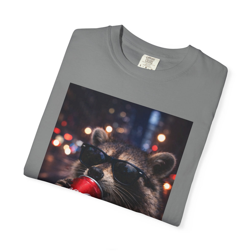 Raccoon Drinking Soda Photo T-Shirt — Funny Urban Wildlife Graphic Tee