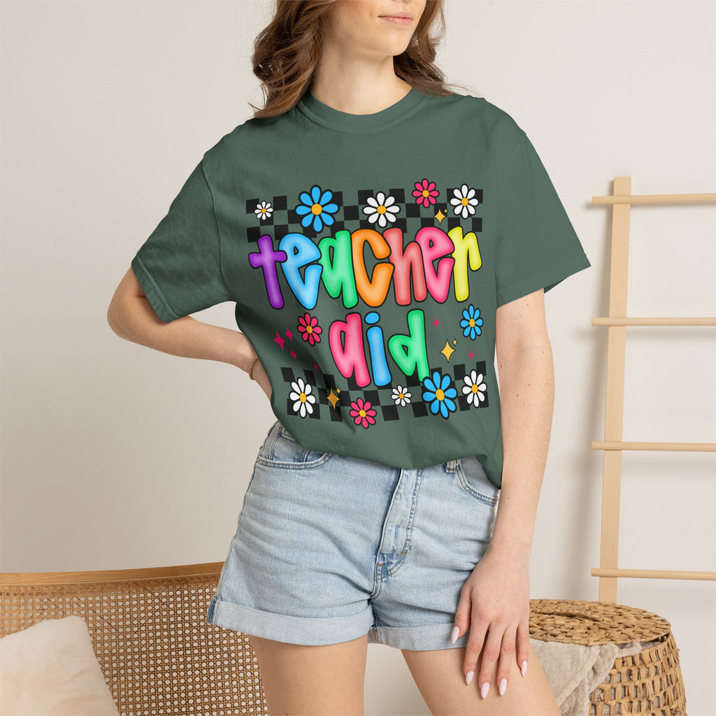 Teacher Aid T-Shirt — Colorful Retro Flower Checkerboard Design