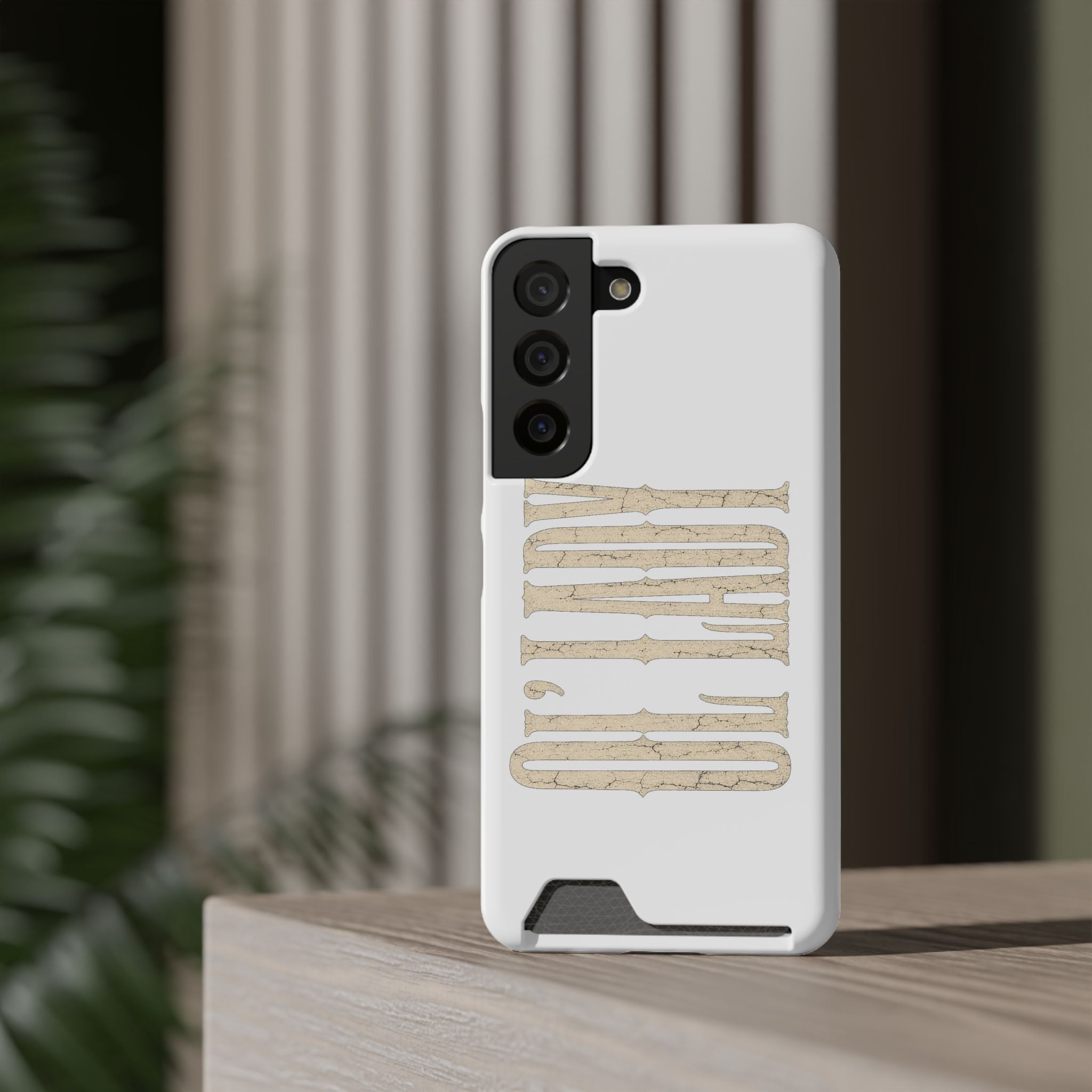 Card Holder Phone Case — Vintage Beige 'Old Soul' Typography