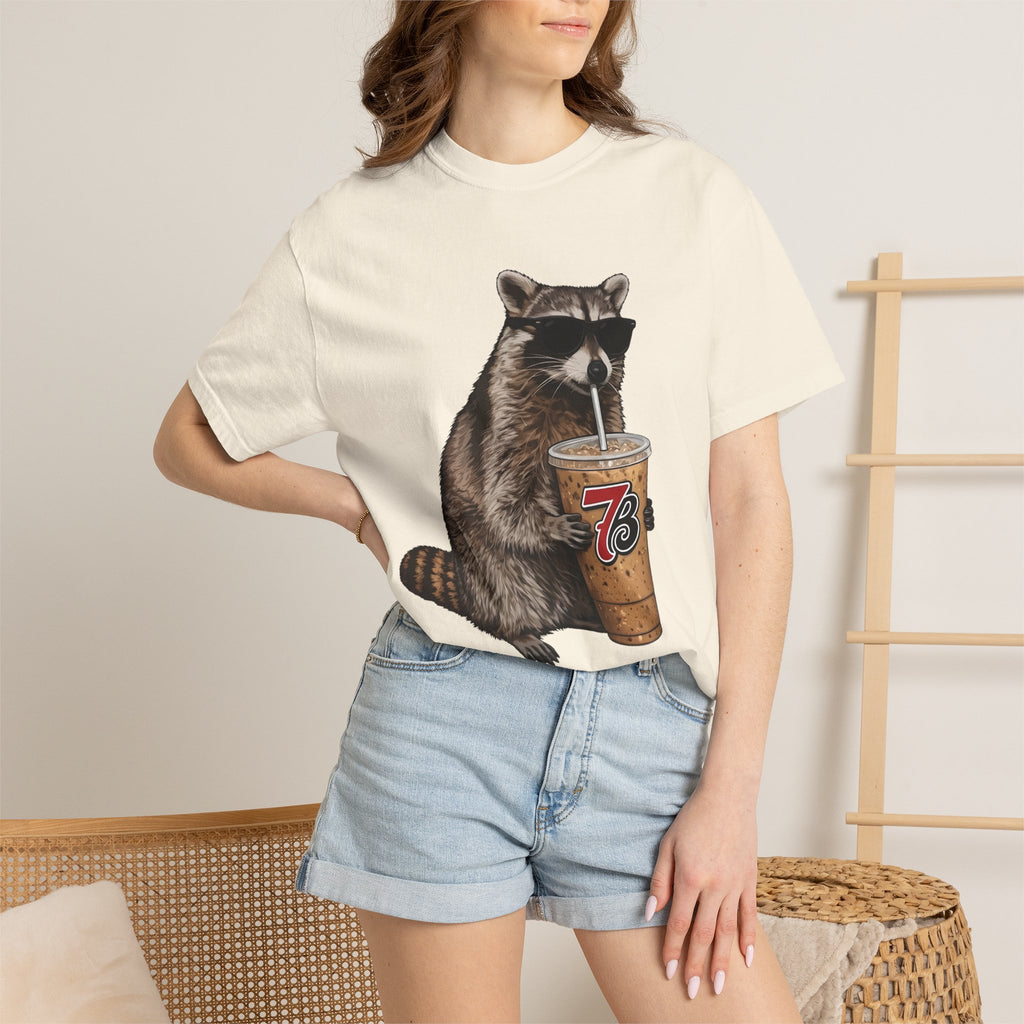Raccoon Iced Coffee T-Shirt — Cute Raccoon Drinking 76oz Iced Coffee Graphic Tee