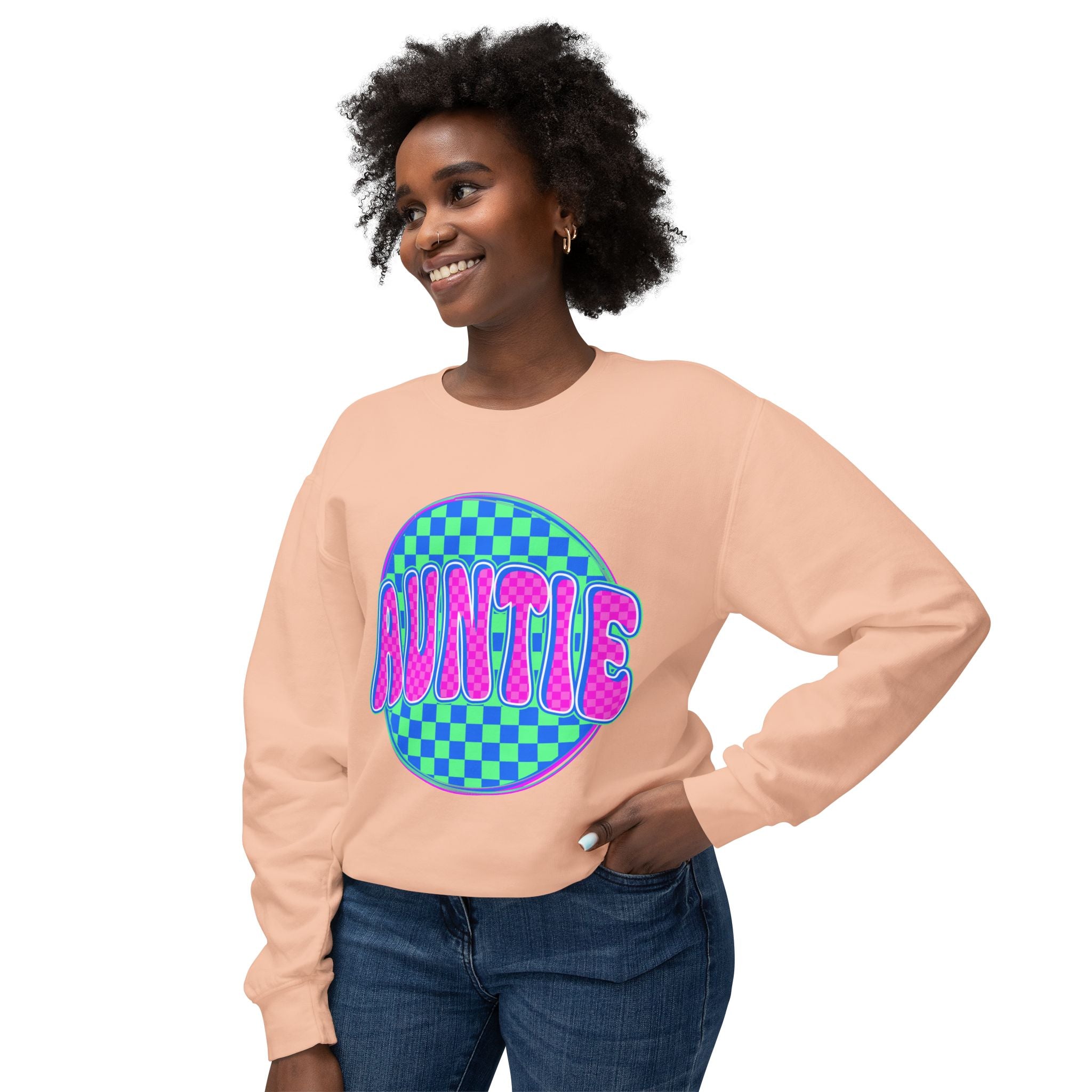 Auntie Graphic Sweatshirt — Retro Checkerboard Neon Design
