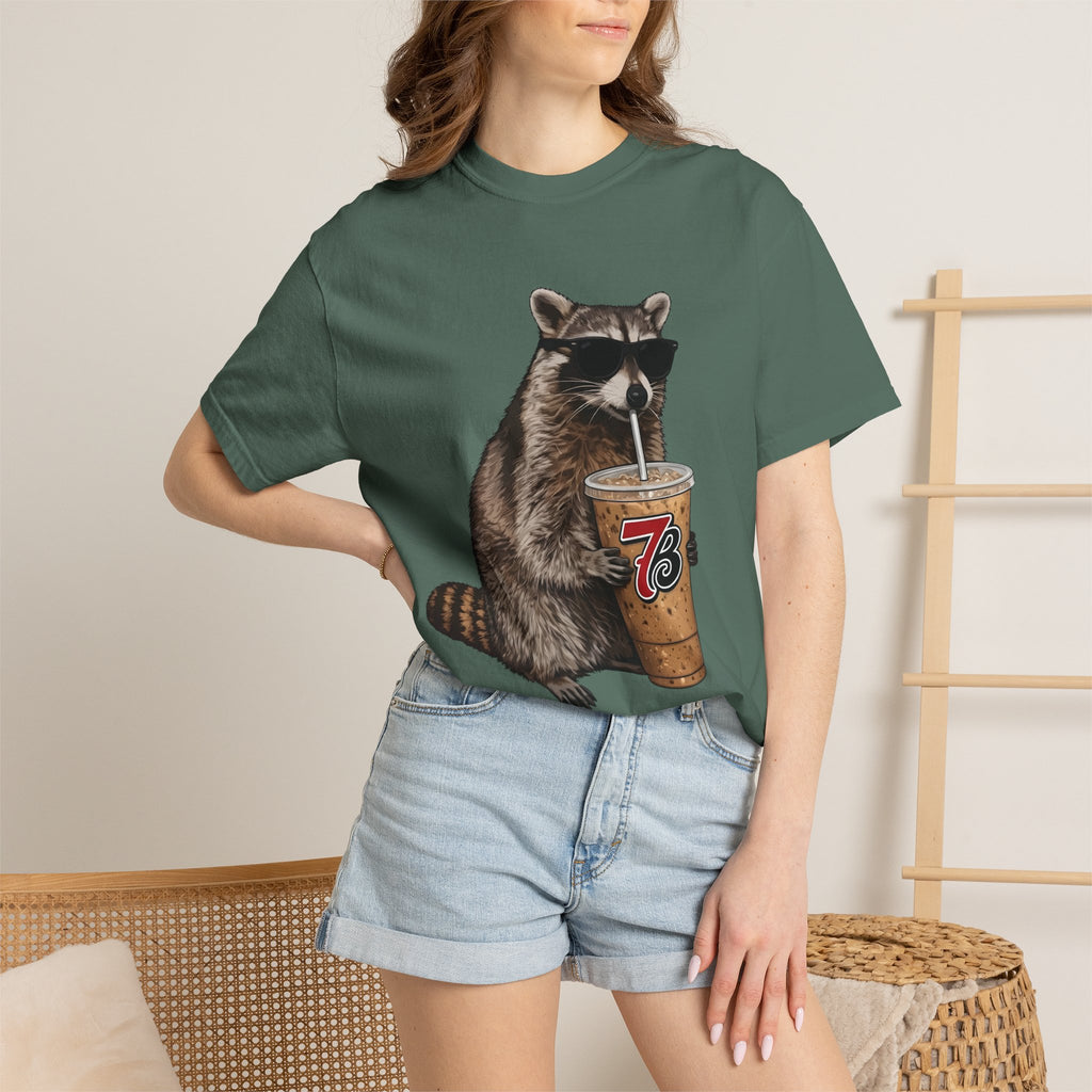 Raccoon Iced Coffee T-Shirt — Cute Raccoon Drinking 76oz Iced Coffee Graphic Tee