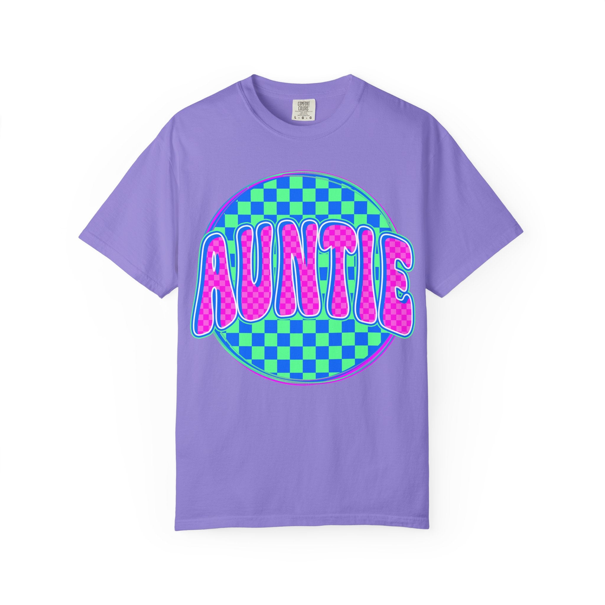 Auntie Checkerboard T-Shirt — Retro Neon 'AUNTIE' Graphic Tee