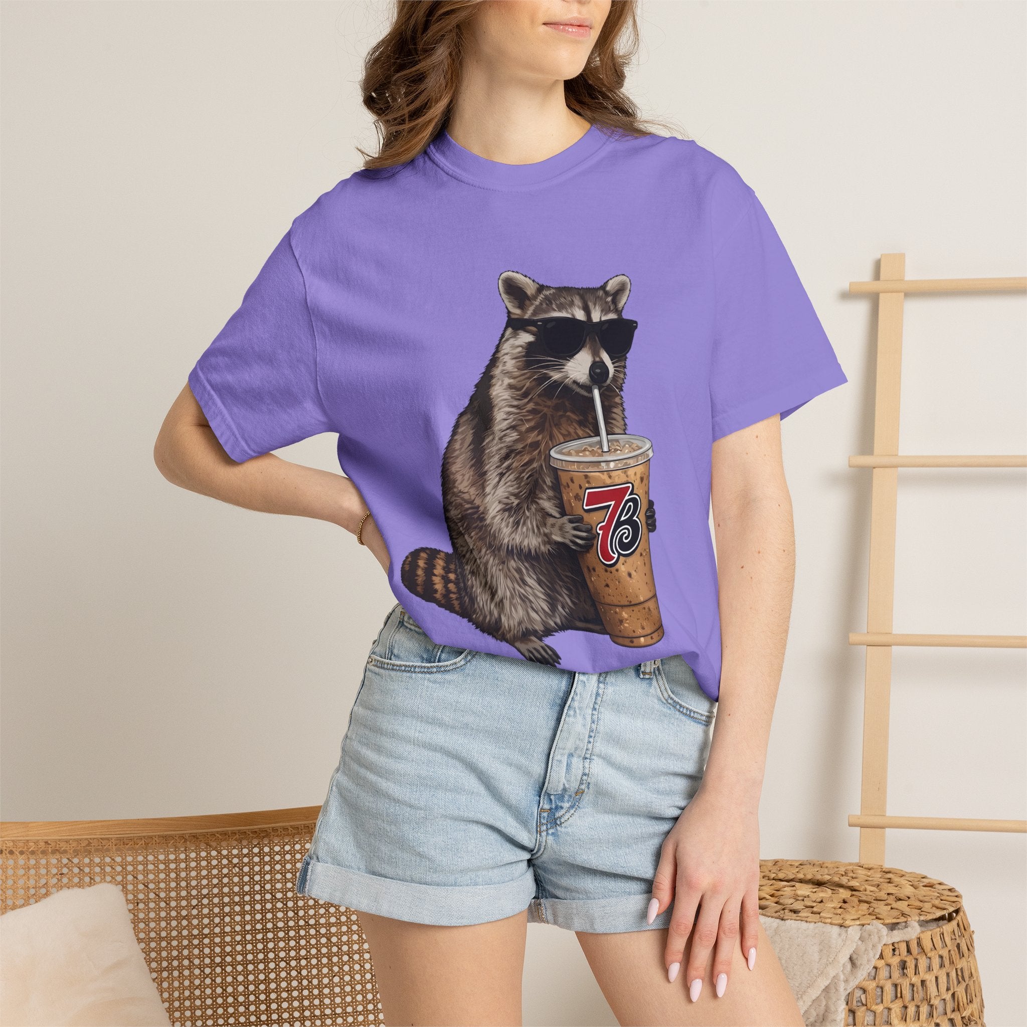 Raccoon Iced Coffee T-Shirt — Cute Raccoon Drinking 76oz Iced Coffee Graphic Tee