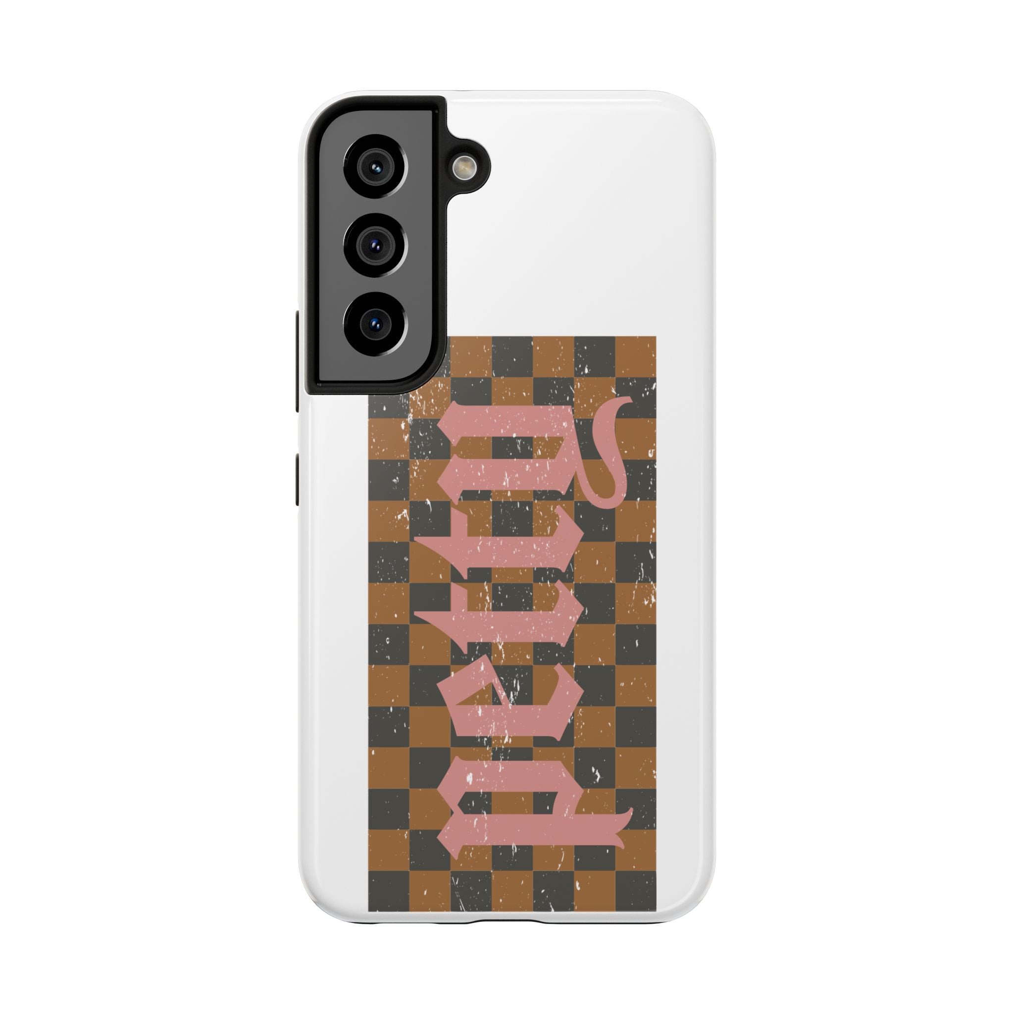 Checkerboard 'Tough' Retro Phone Case — Pink Gothic Text, Grunge Pattern