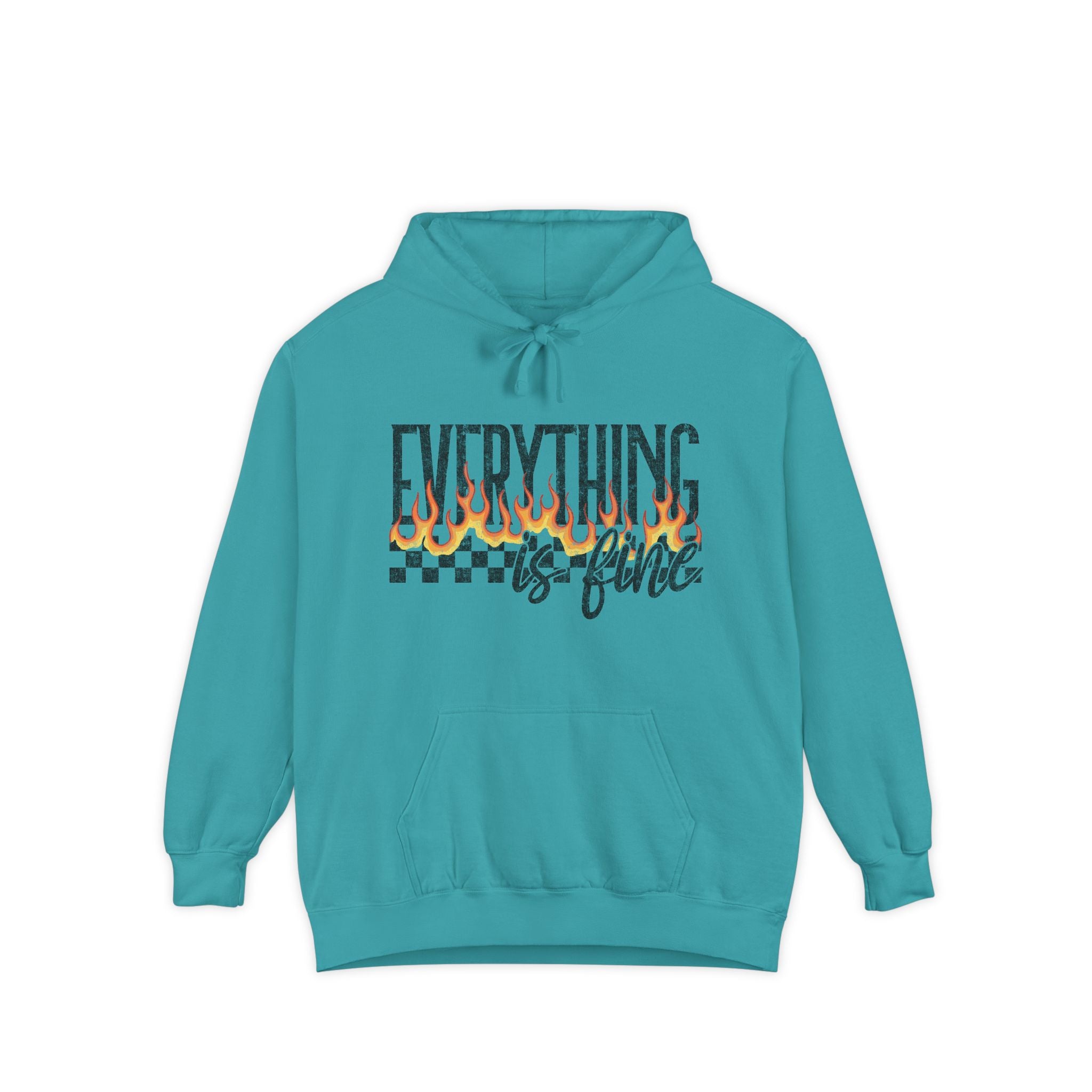 Everything Is Fine Hoodie — Retro Flame Checkerboard Graphic Pullover