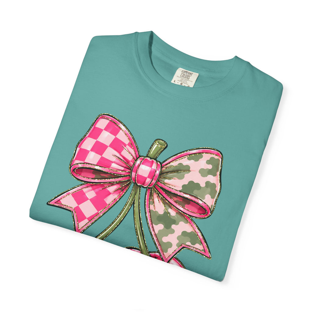 Pink Camo Checker Cherry Tee — Bow Graphic T-Shirt