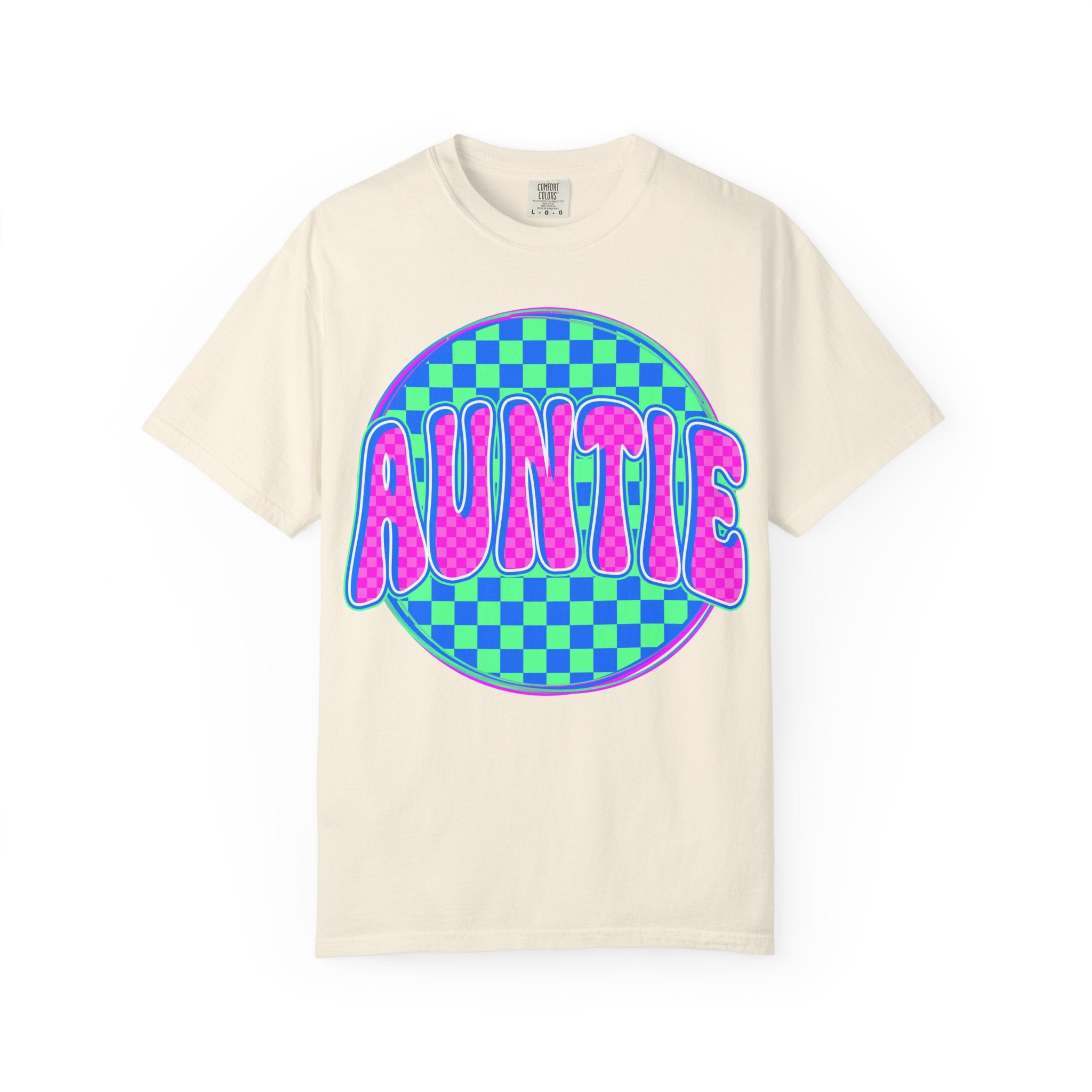Auntie Checkerboard T-Shirt — Retro Neon 'AUNTIE' Graphic Tee