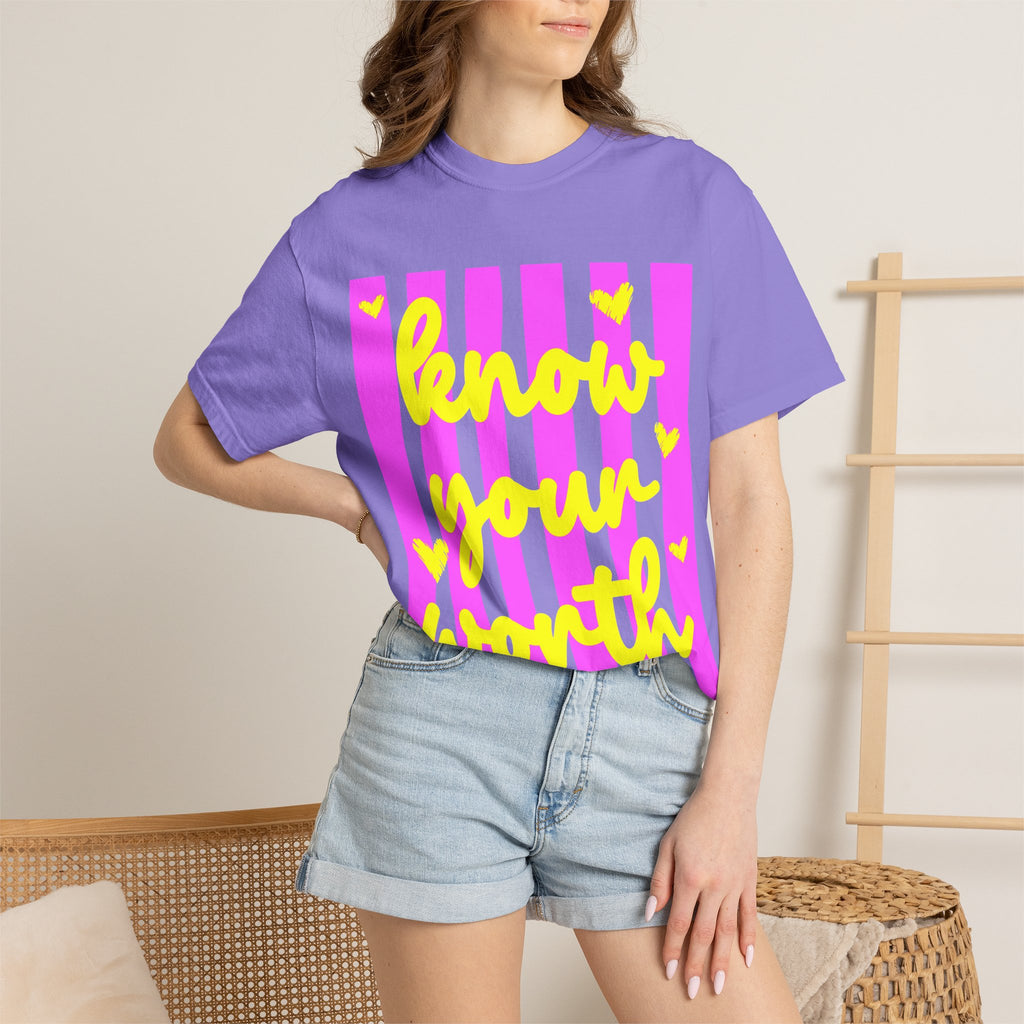 Know Your Worth T-Shirt — Bright Pink Stripe Motivational Tee