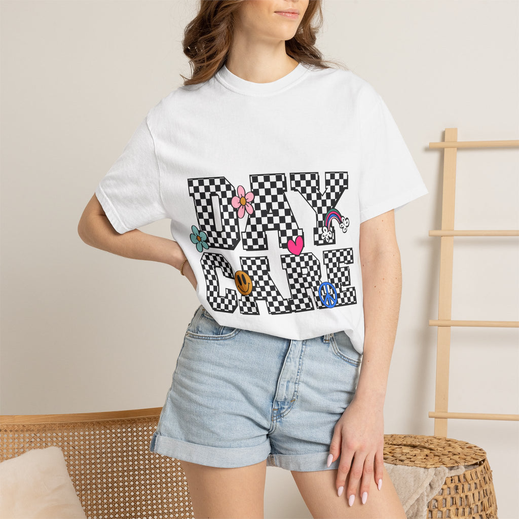 Day Care Checkerboard T‑Shirt — Playful Smiley & Floral Kids Graphic Tee