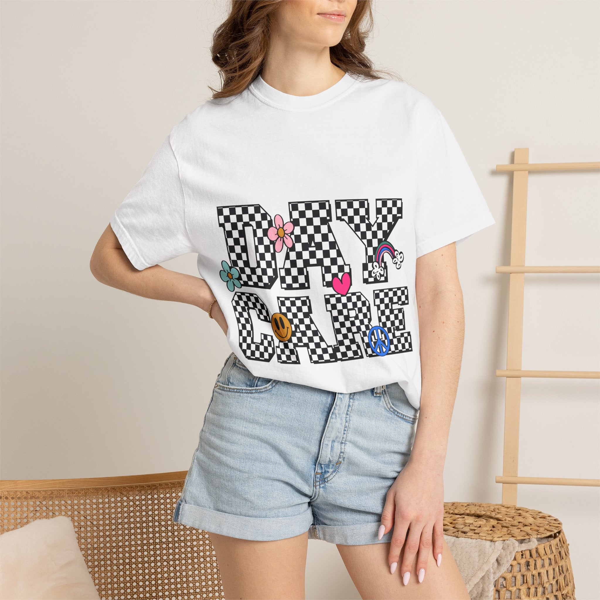 Day Care Checkerboard T‑Shirt — Playful Smiley & Floral Kids Graphic Tee