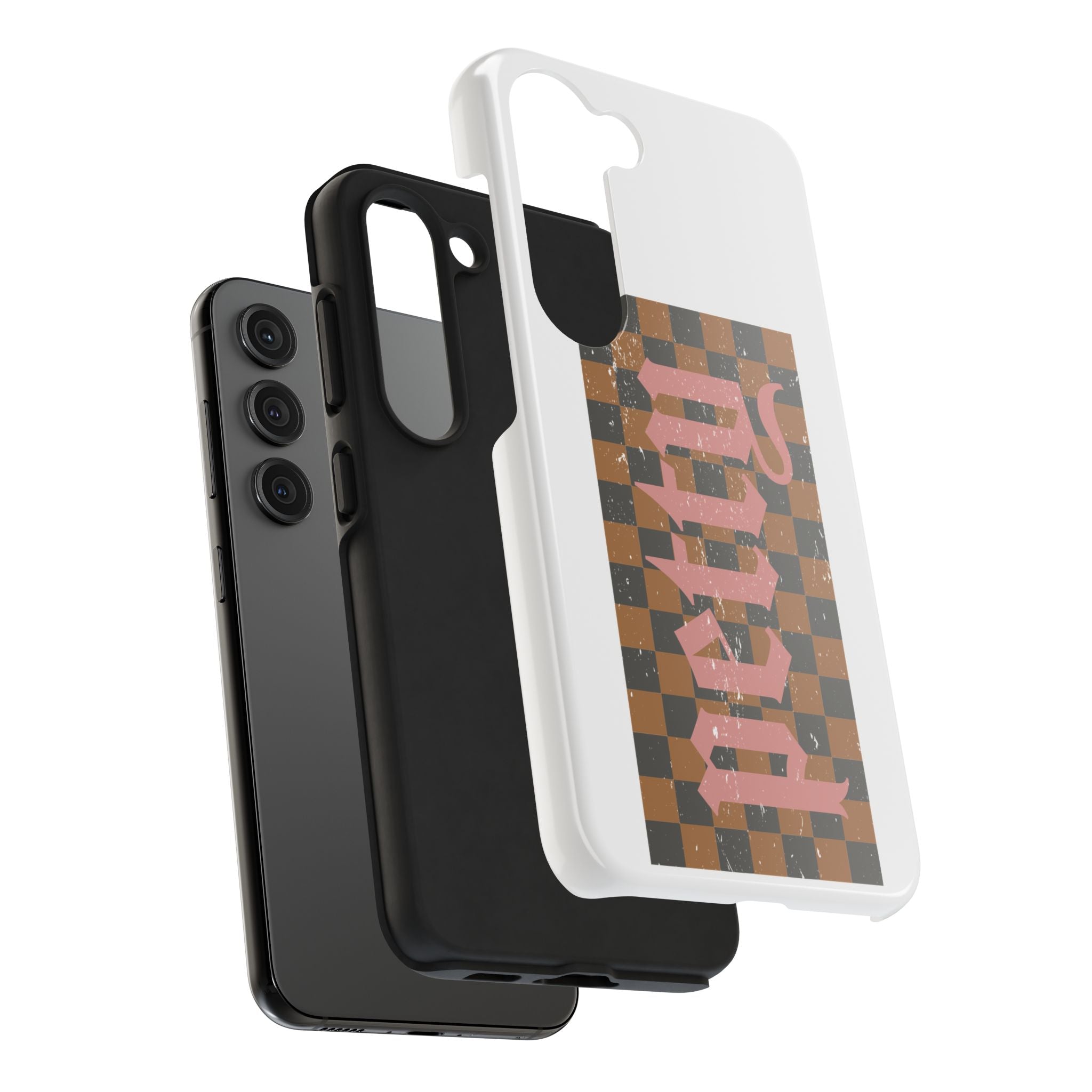 Checkerboard 'Tough' Retro Phone Case — Pink Gothic Text, Grunge Pattern