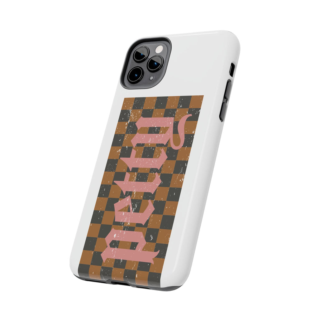Checkerboard 'Tough' Retro Phone Case — Pink Gothic Text, Grunge Pattern