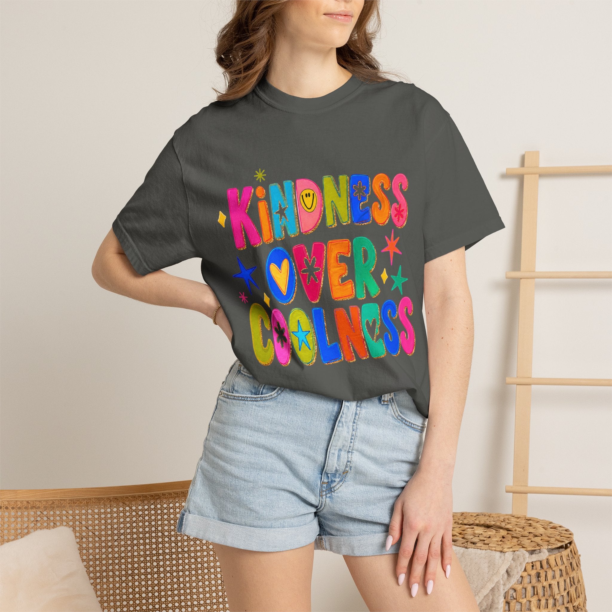 Kindness Over Coolness Graphic T-Shirt — Colorful Positive Message Tee