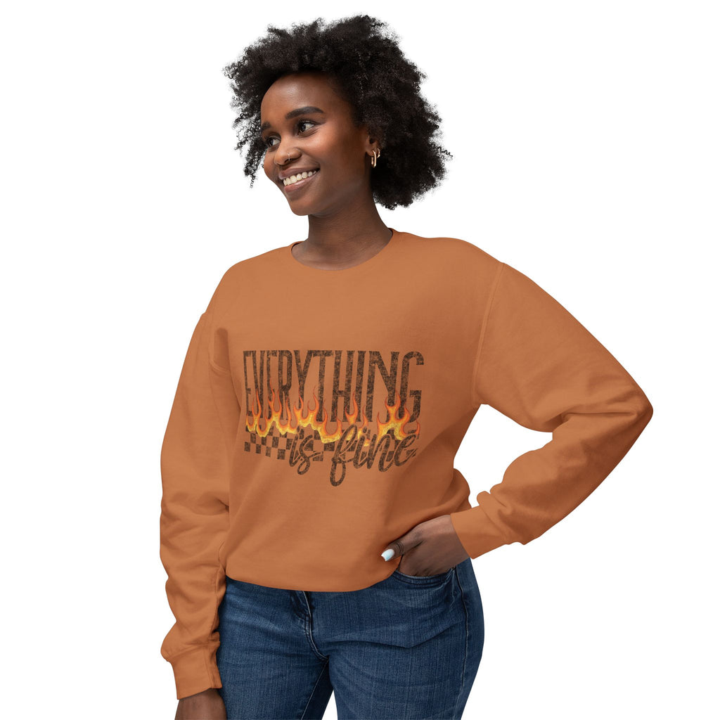 Everything Is Fine Crewneck Sweatshirt — Retro Flames & Checkered Graphic