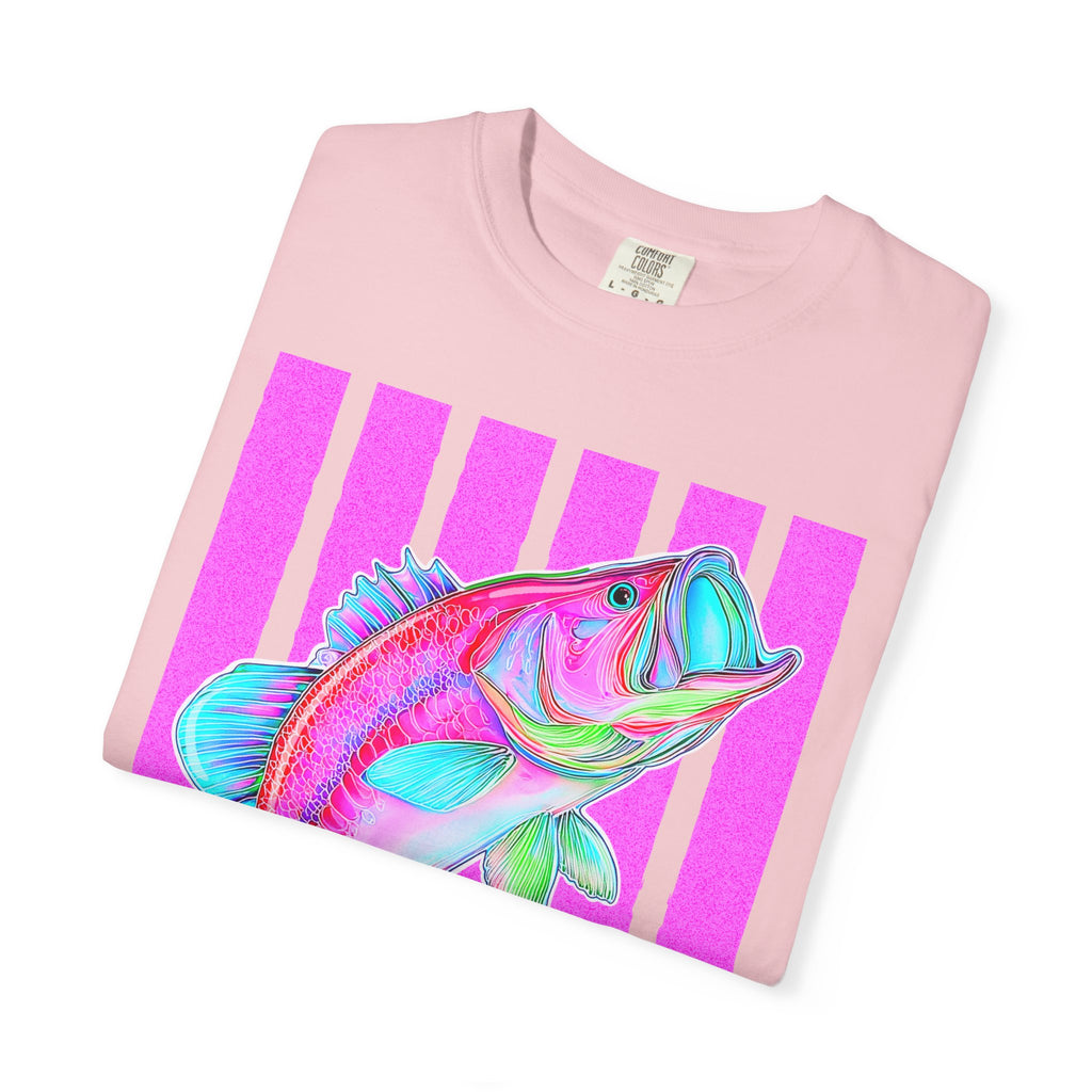 Neon Bass Fish T-Shirt — Retro Pink Stripe Fishing Tee