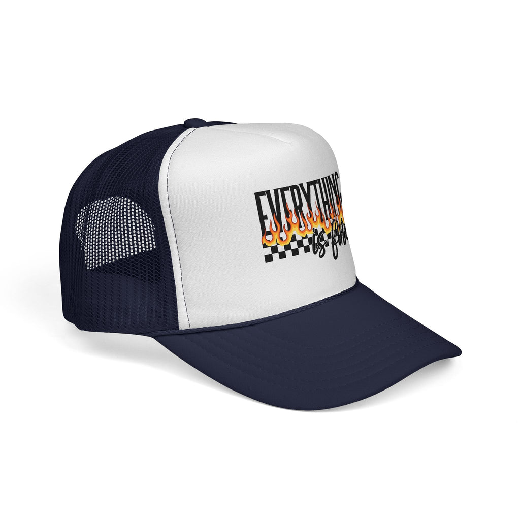 Everything Is Fine Trucker Cap — Retro Flames & Checkerboard Snapback