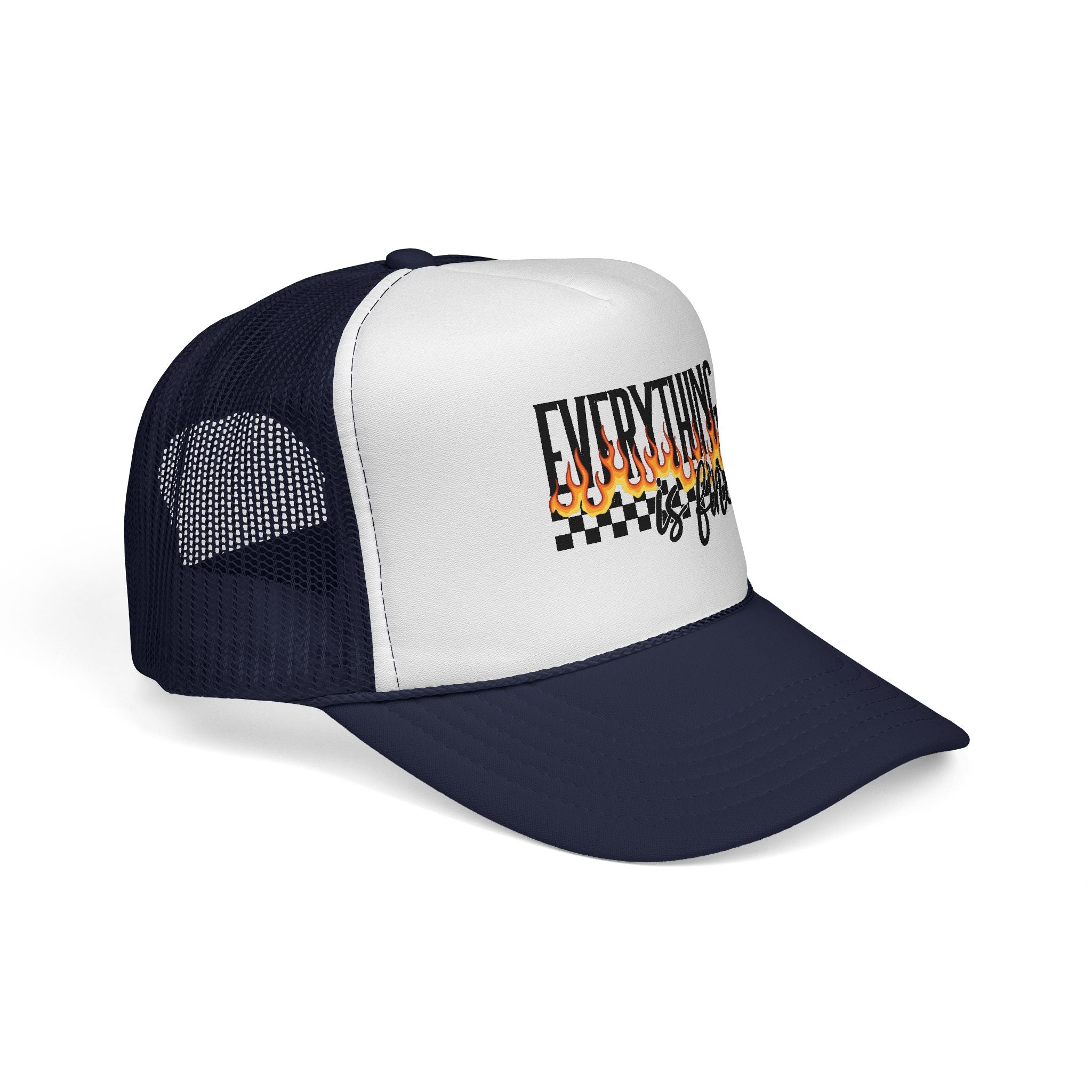 Everything Is Fine Trucker Cap — Retro Flames & Checkerboard Snapback