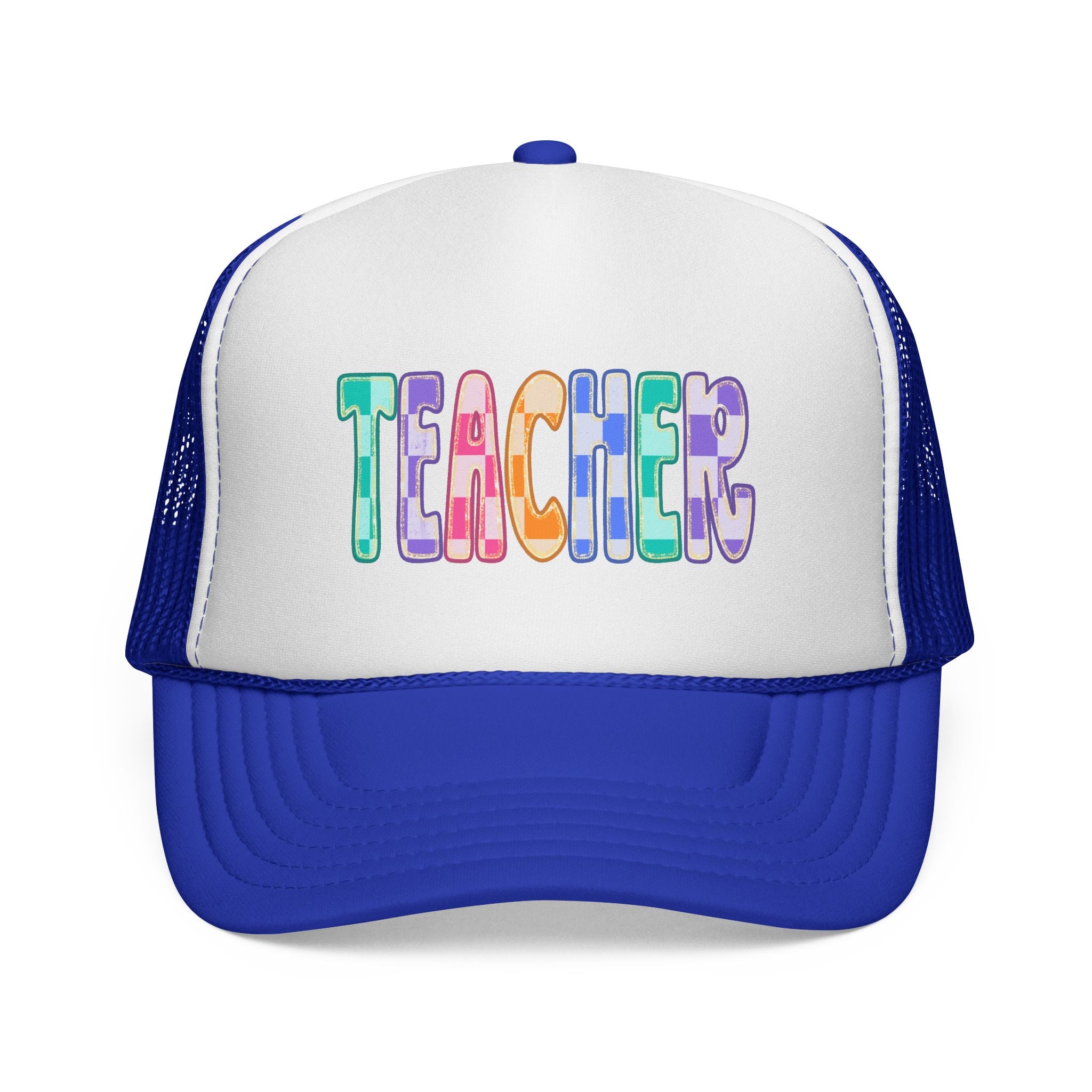 Teacher Trucker Hat — Colorful Patchwork Educator Cap