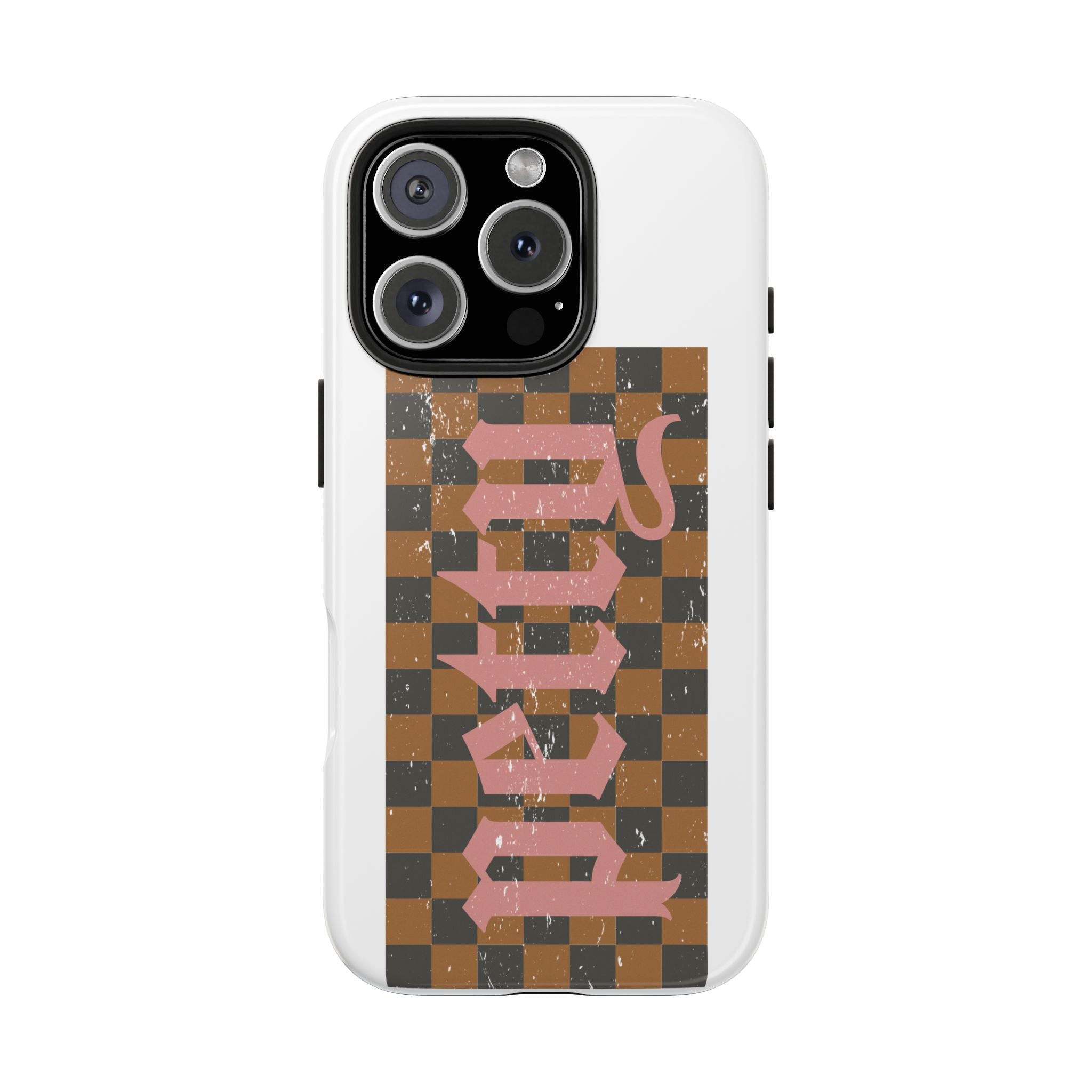 Checkerboard 'Tough' Retro Phone Case — Pink Gothic Text, Grunge Pattern