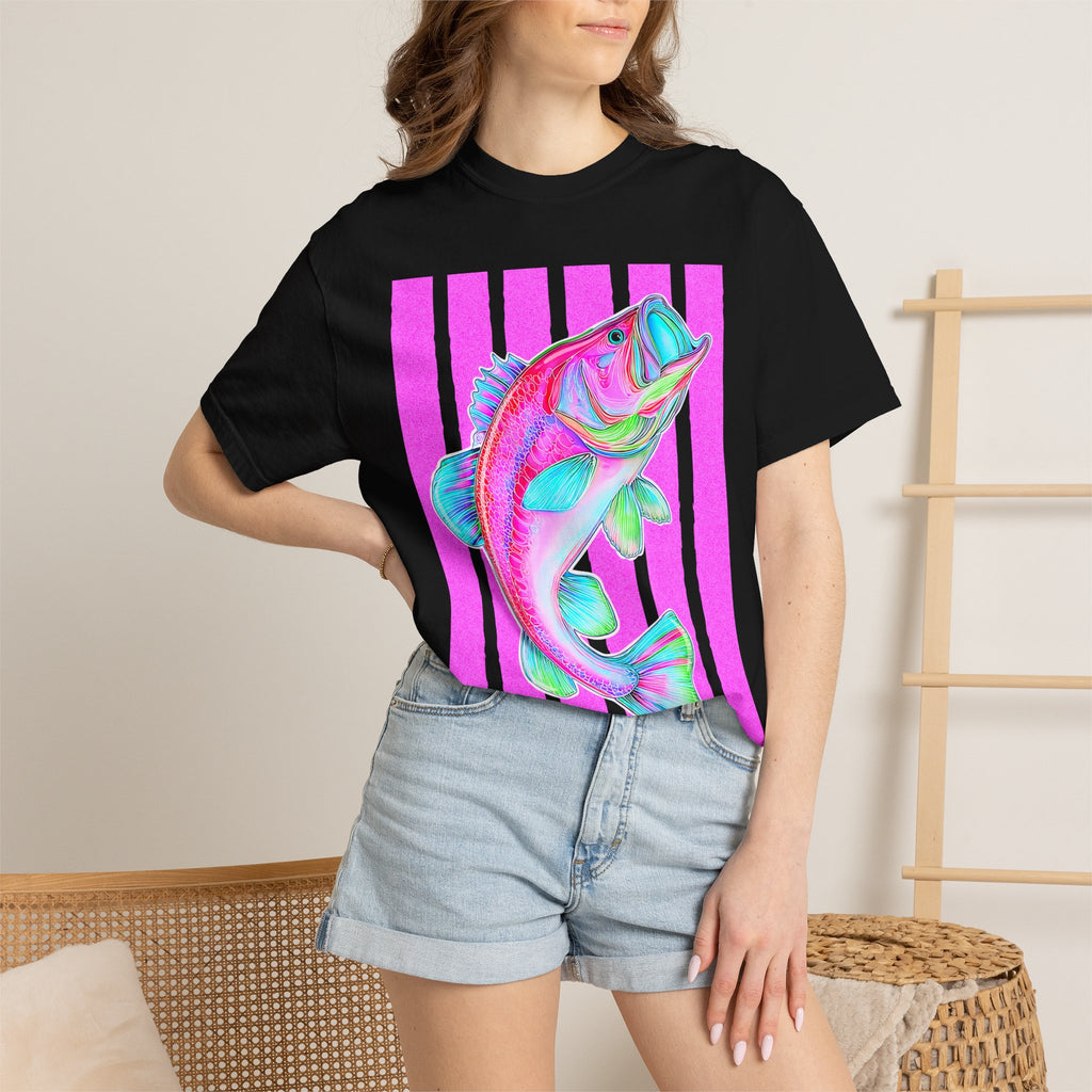 Neon Bass Fish T-Shirt — Retro Pink Stripe Fishing Tee