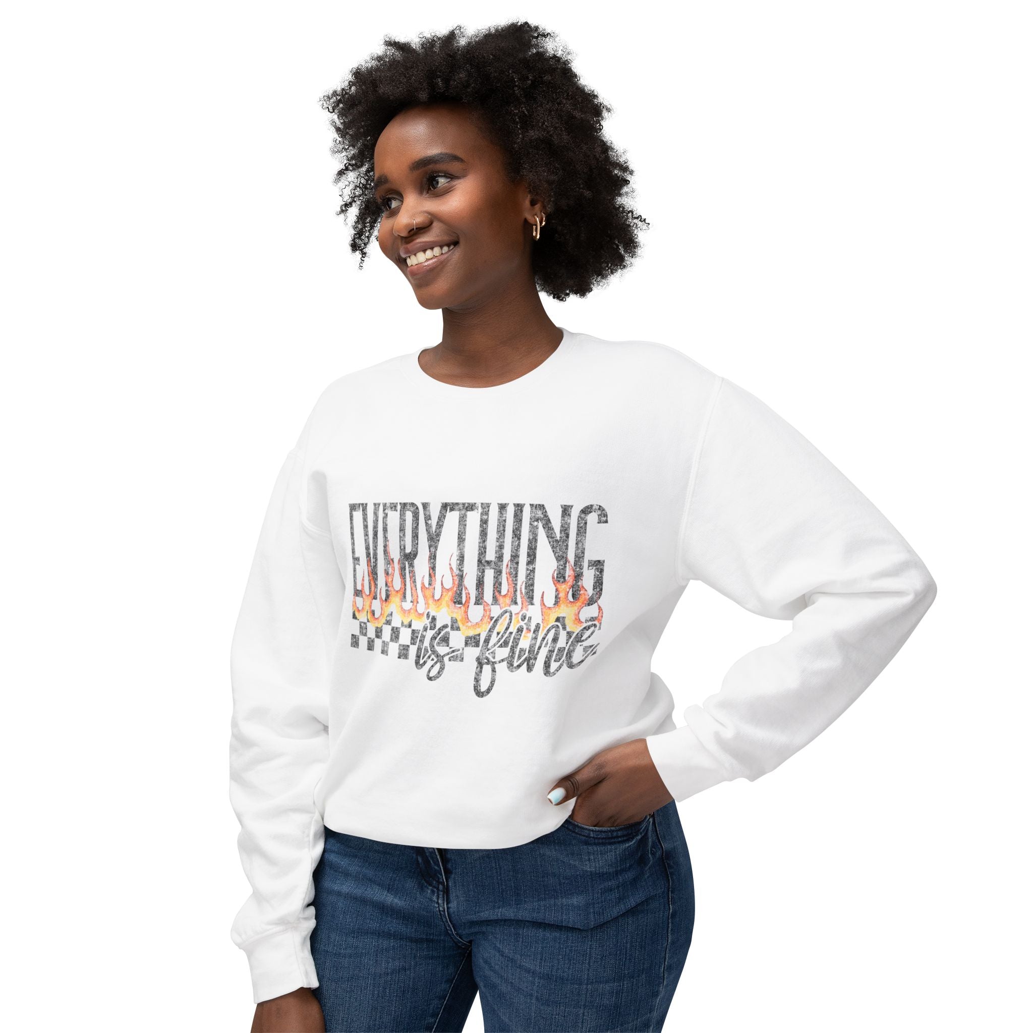 Everything Is Fine Crewneck Sweatshirt — Retro Flames & Checkered Graphic