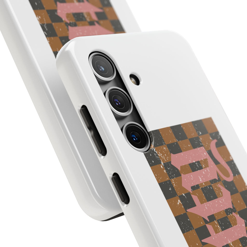 Checkerboard 'Tough' Retro Phone Case — Pink Gothic Text, Grunge Pattern