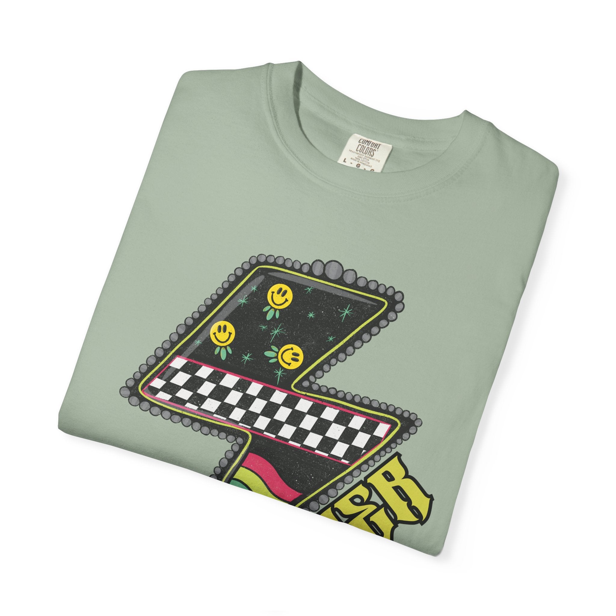 Lightning Bolt Graphic T‑Shirt — Retro Checker & 'Mother' Streetwear Tee