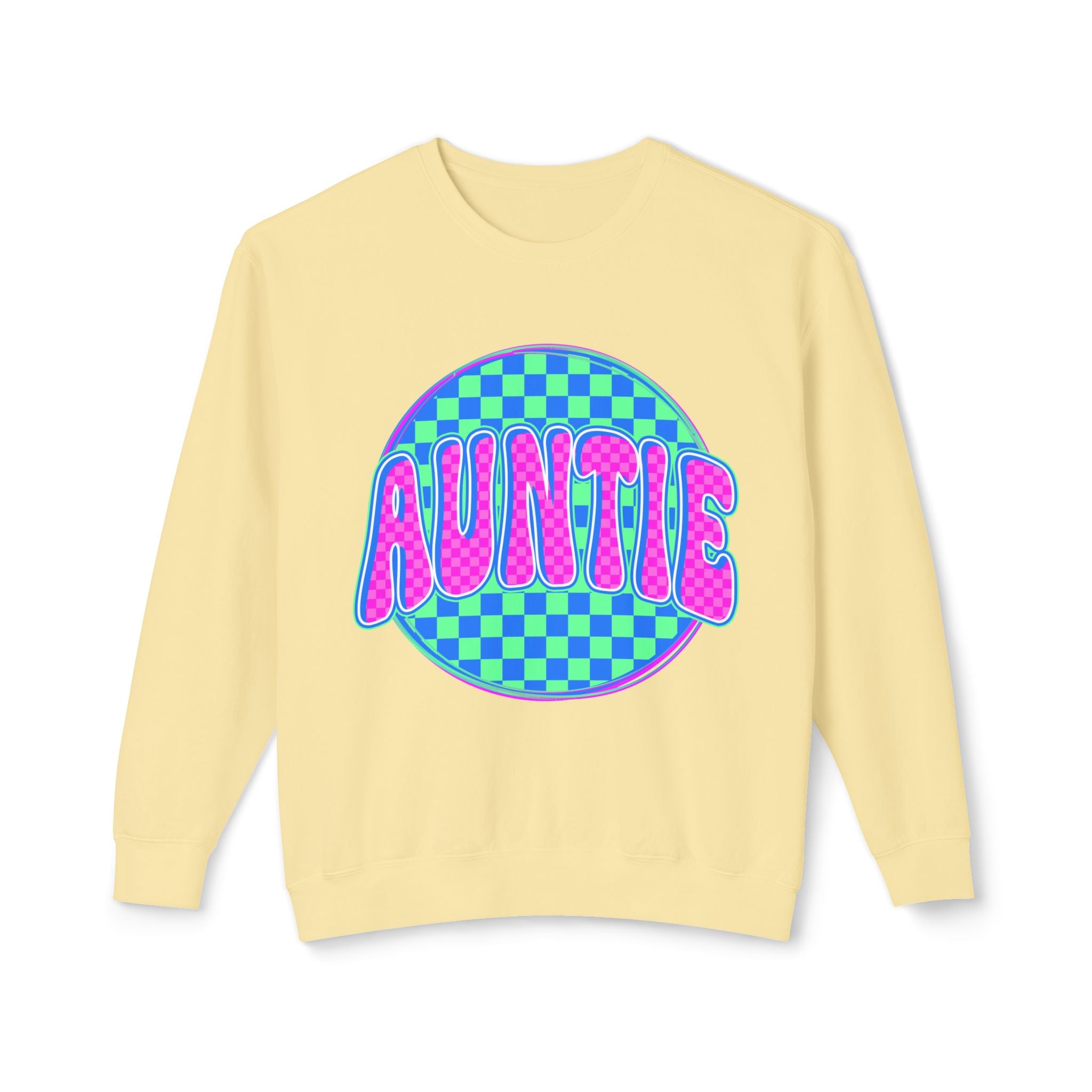 Auntie Graphic Sweatshirt — Retro Checkerboard Neon Design