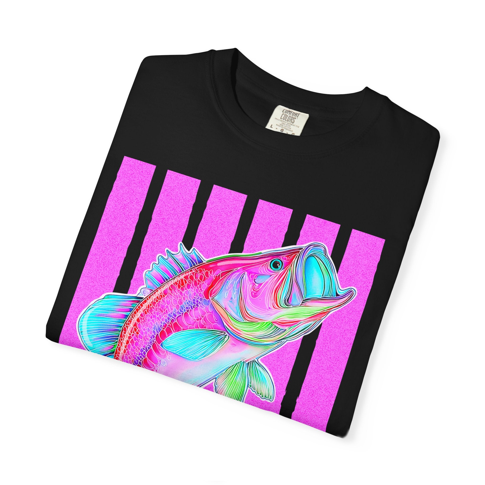 Neon Bass Fish T-Shirt — Retro Pink Stripe Fishing Tee