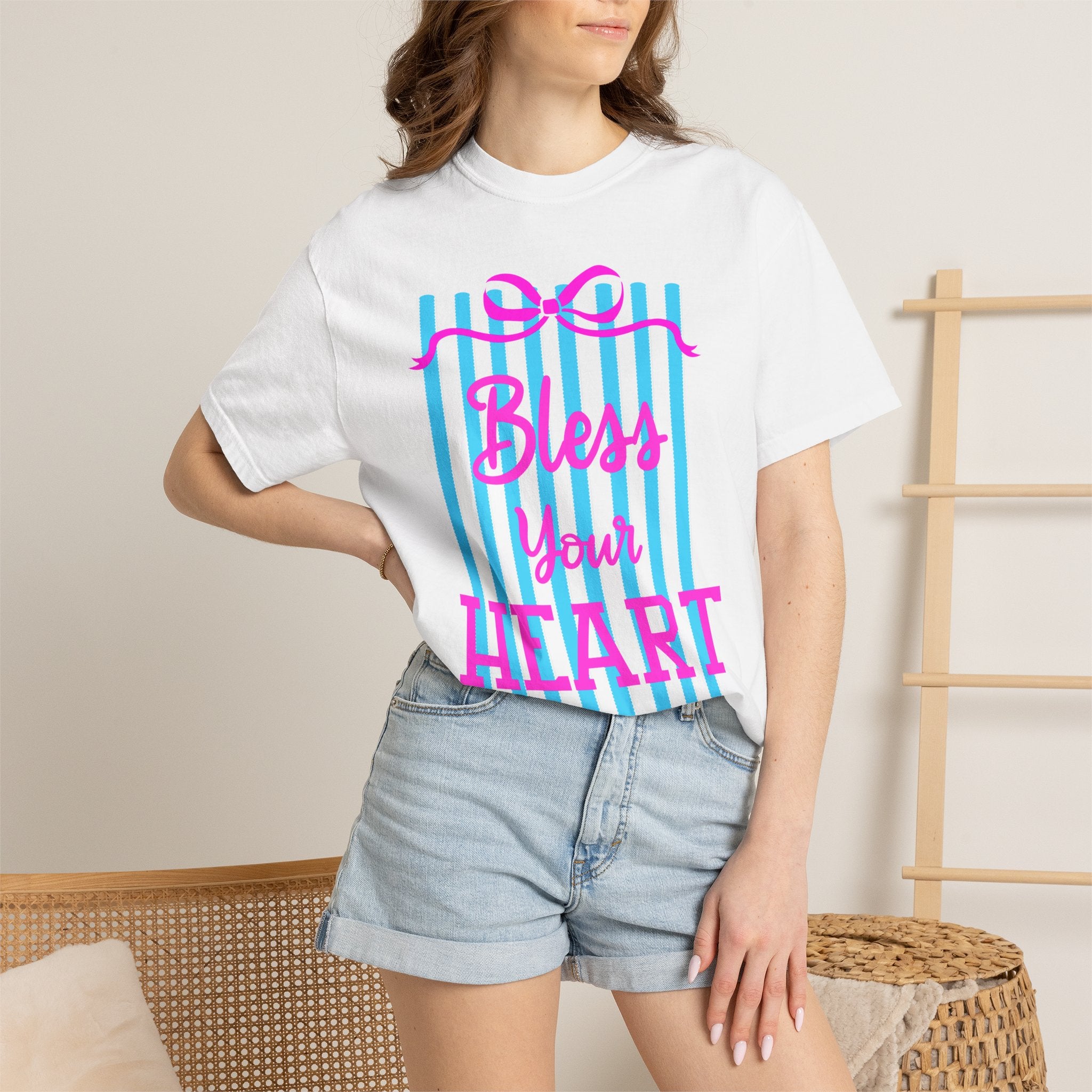 Bless Your Heart T-Shirt — Southern Phrase Graphic Tee (Pink & Blue Stripes)
