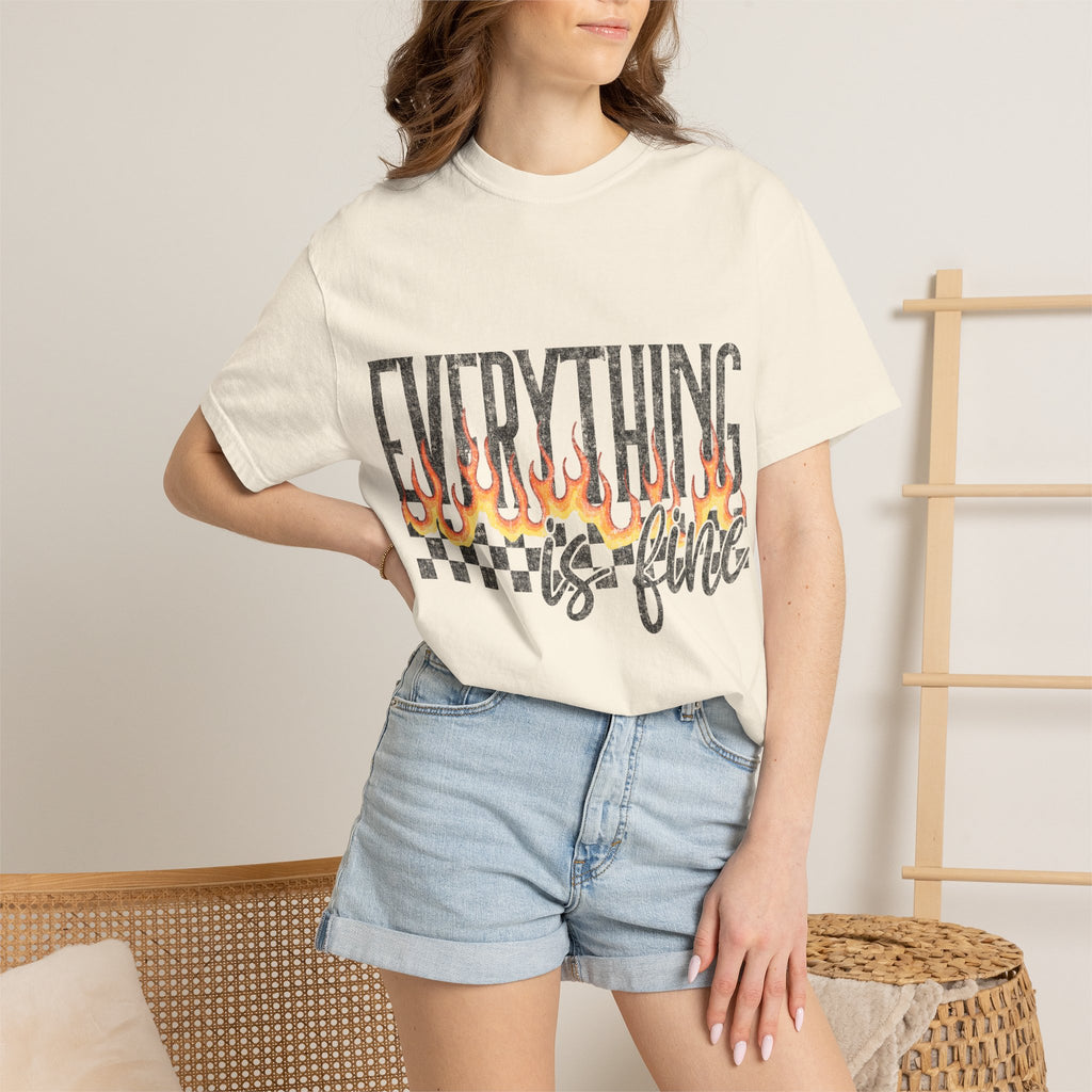 Everything Is Fine T-Shirt — Retro Flames & Checkerboard Graphic Tee