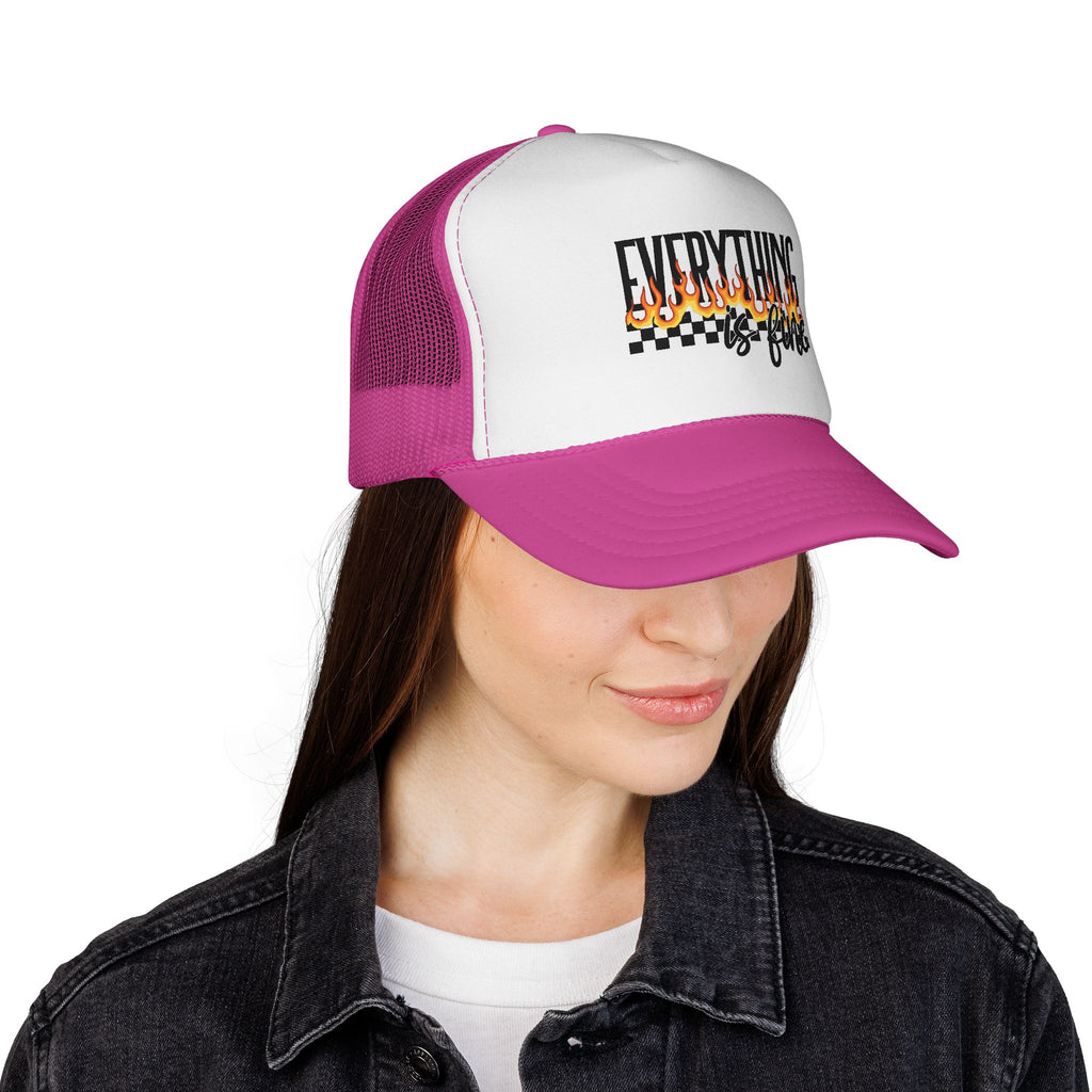Everything Is Fine Trucker Cap — Retro Flames & Checkerboard Snapback