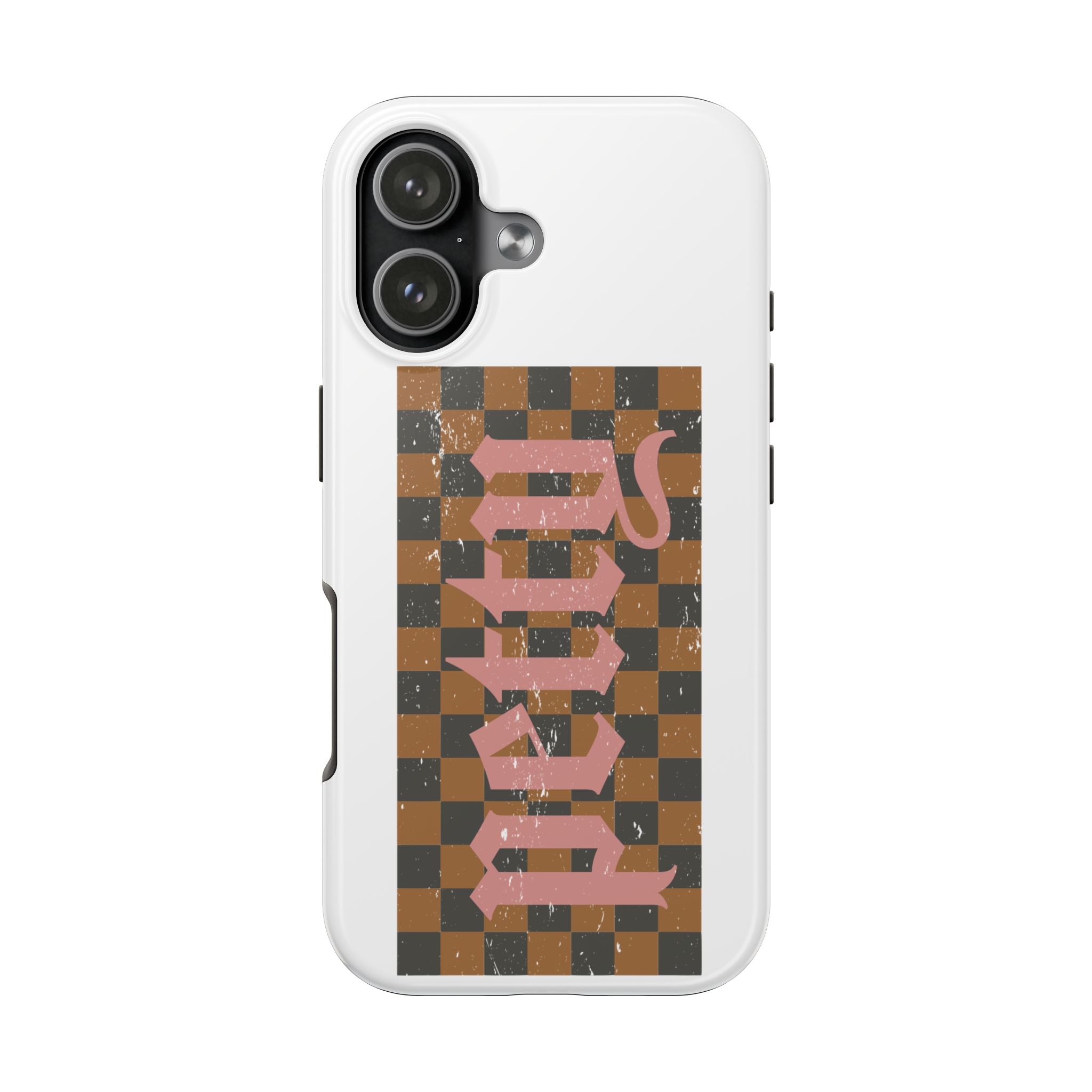 Checkerboard 'Tough' Retro Phone Case — Pink Gothic Text, Grunge Pattern