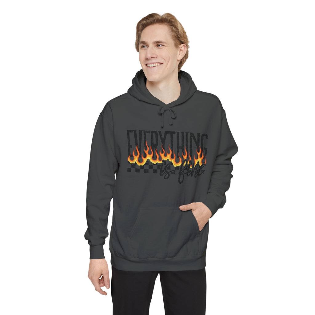 Everything Is Fine Hoodie — Retro Flame Checkerboard Graphic Pullover