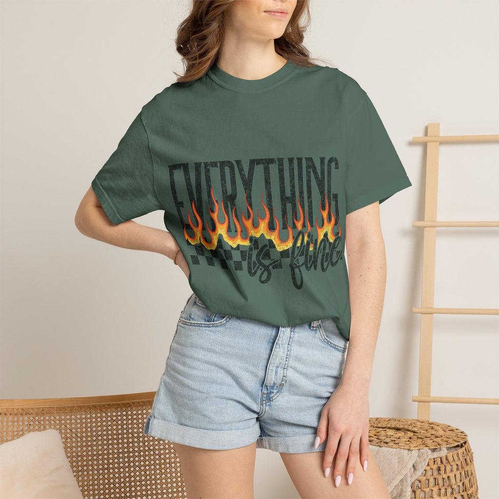 Everything Is Fine T-Shirt — Retro Flames & Checkerboard Graphic Tee