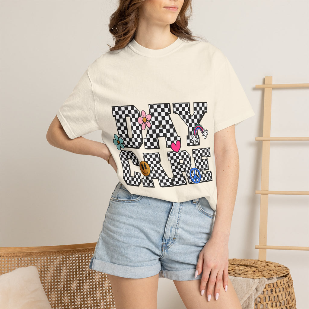 Day Care Checkerboard T‑Shirt — Playful Smiley & Floral Kids Graphic Tee