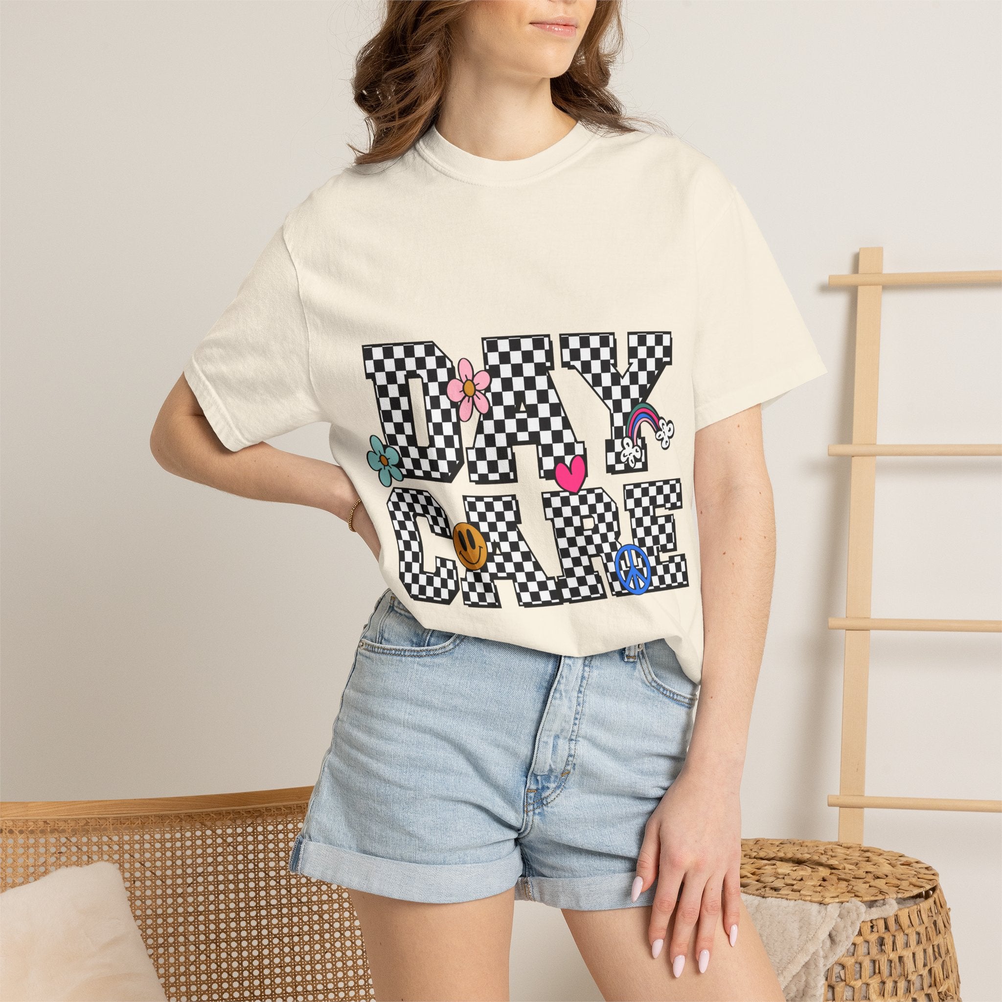 Day Care Checkerboard T‑Shirt — Playful Smiley & Floral Kids Graphic Tee