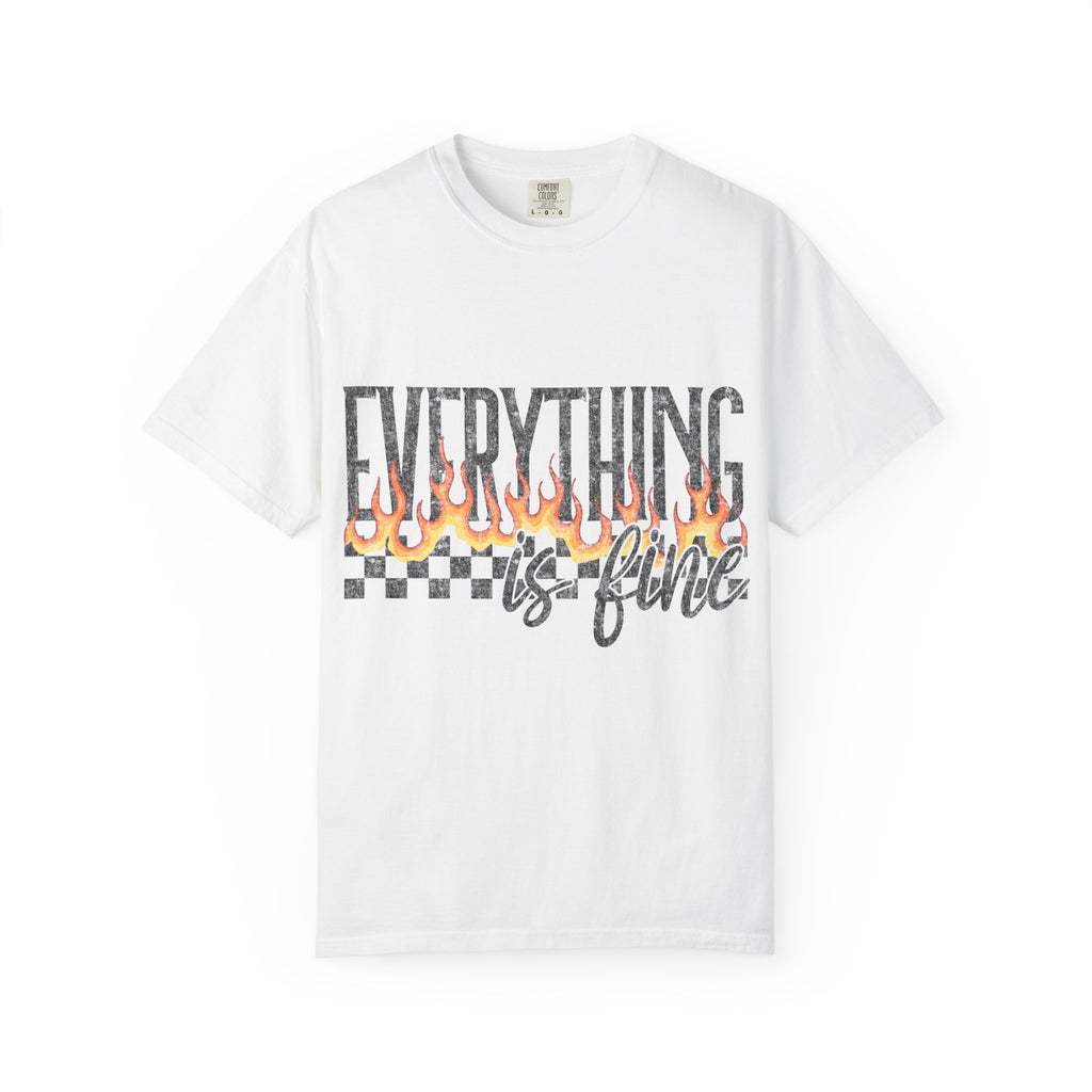 Everything Is Fine T-Shirt — Retro Flames & Checkerboard Graphic Tee