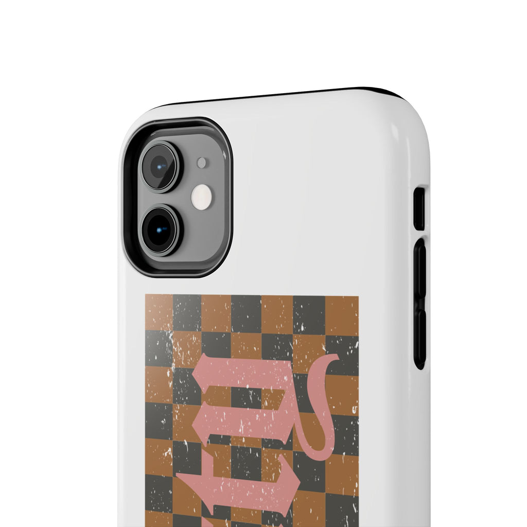 Checkerboard 'Tough' Retro Phone Case — Pink Gothic Text, Grunge Pattern