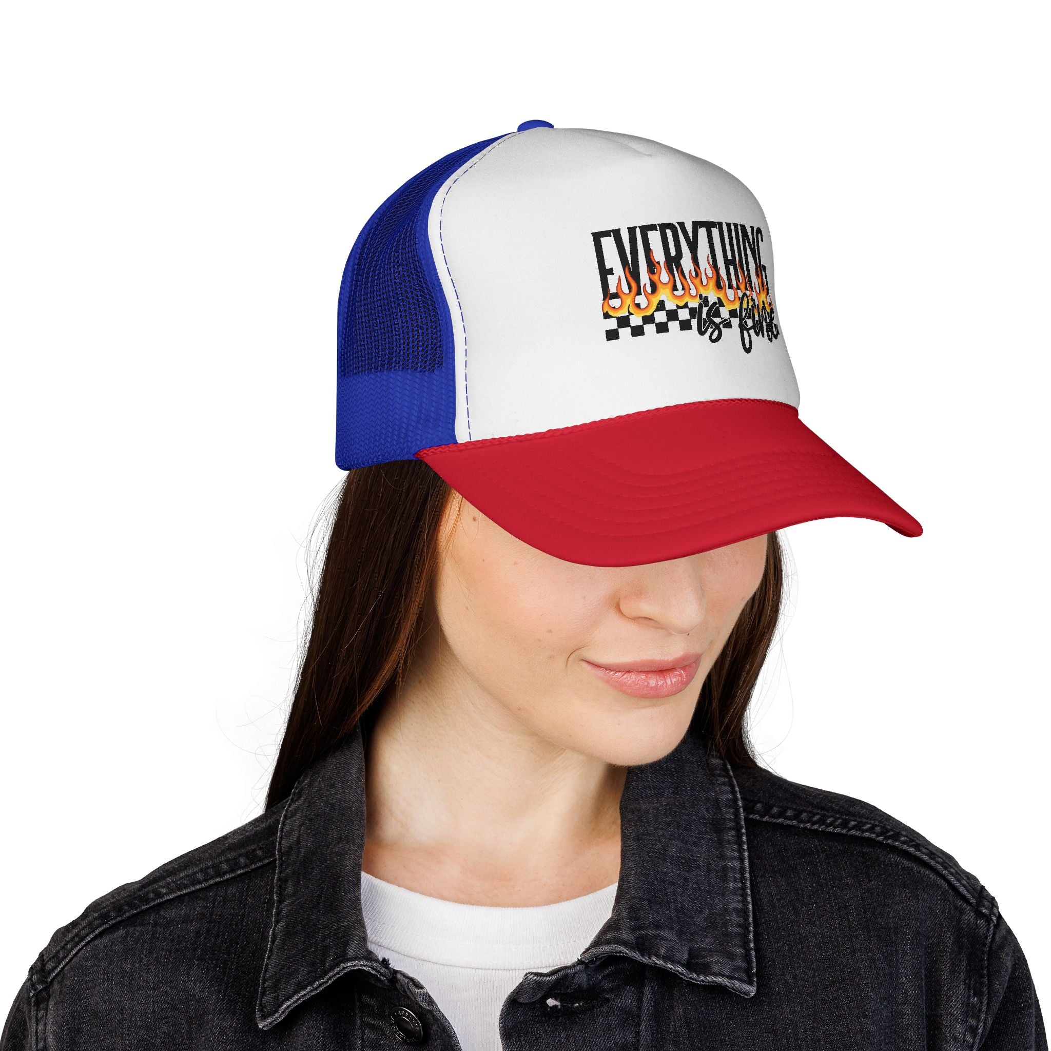 Everything Is Fine Trucker Cap — Retro Flames & Checkerboard Snapback