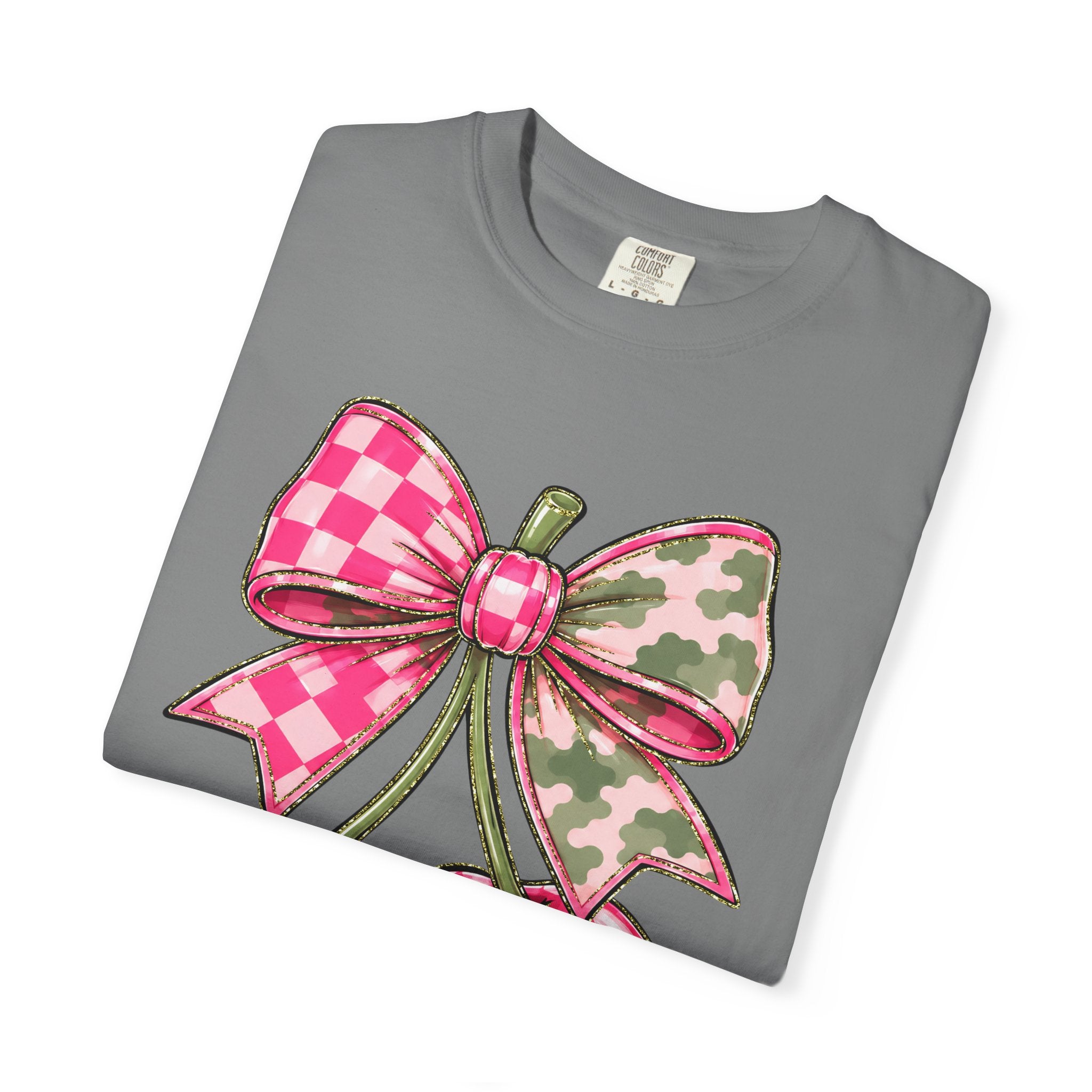 Pink Camo Checker Cherry Tee — Bow Graphic T-Shirt