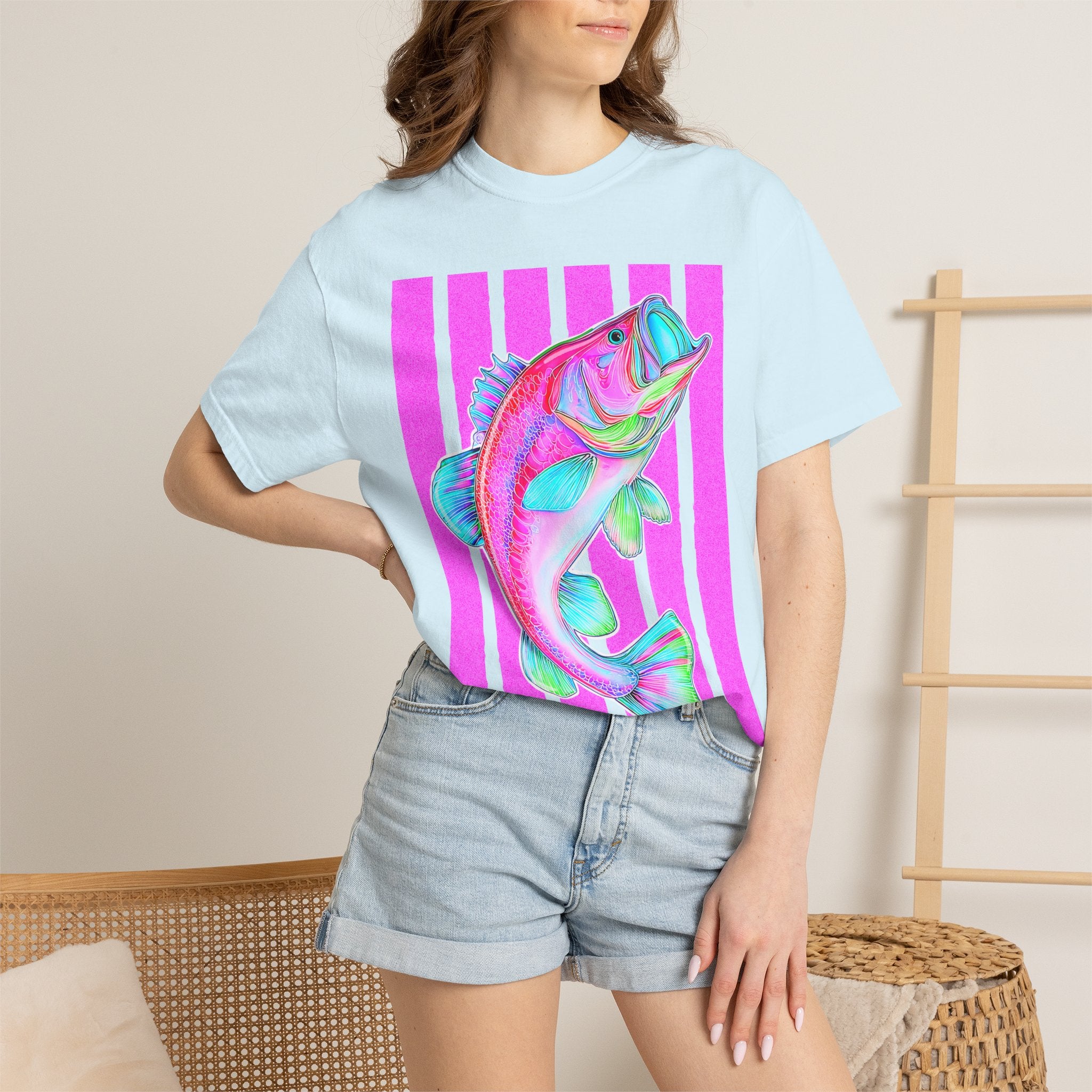 Neon Bass Fish T-Shirt — Retro Pink Stripe Fishing Tee