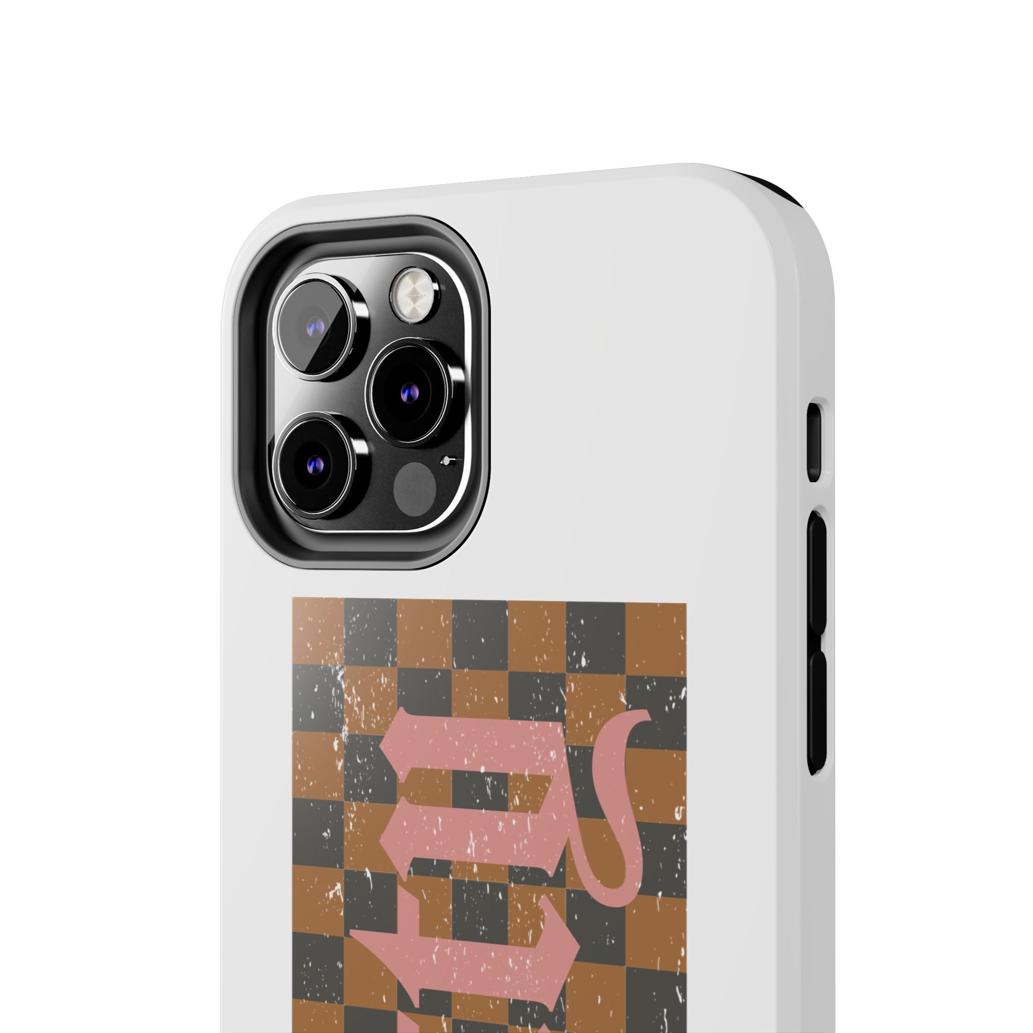 Checkerboard 'Tough' Retro Phone Case — Pink Gothic Text, Grunge Pattern