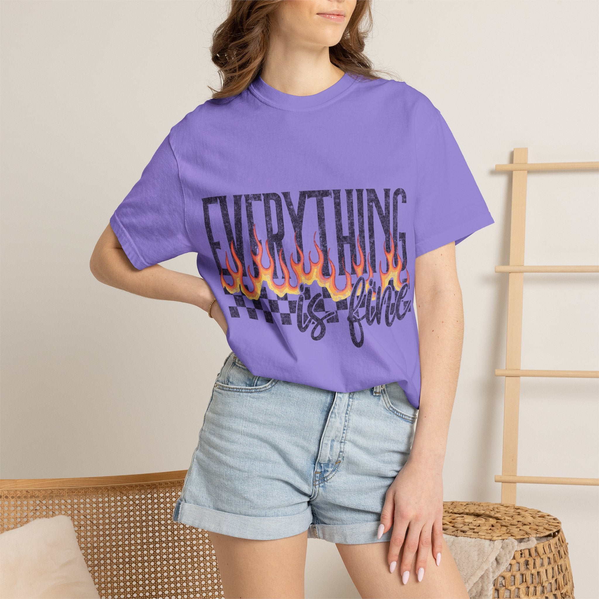 Everything Is Fine T-Shirt — Retro Flames & Checkerboard Graphic Tee