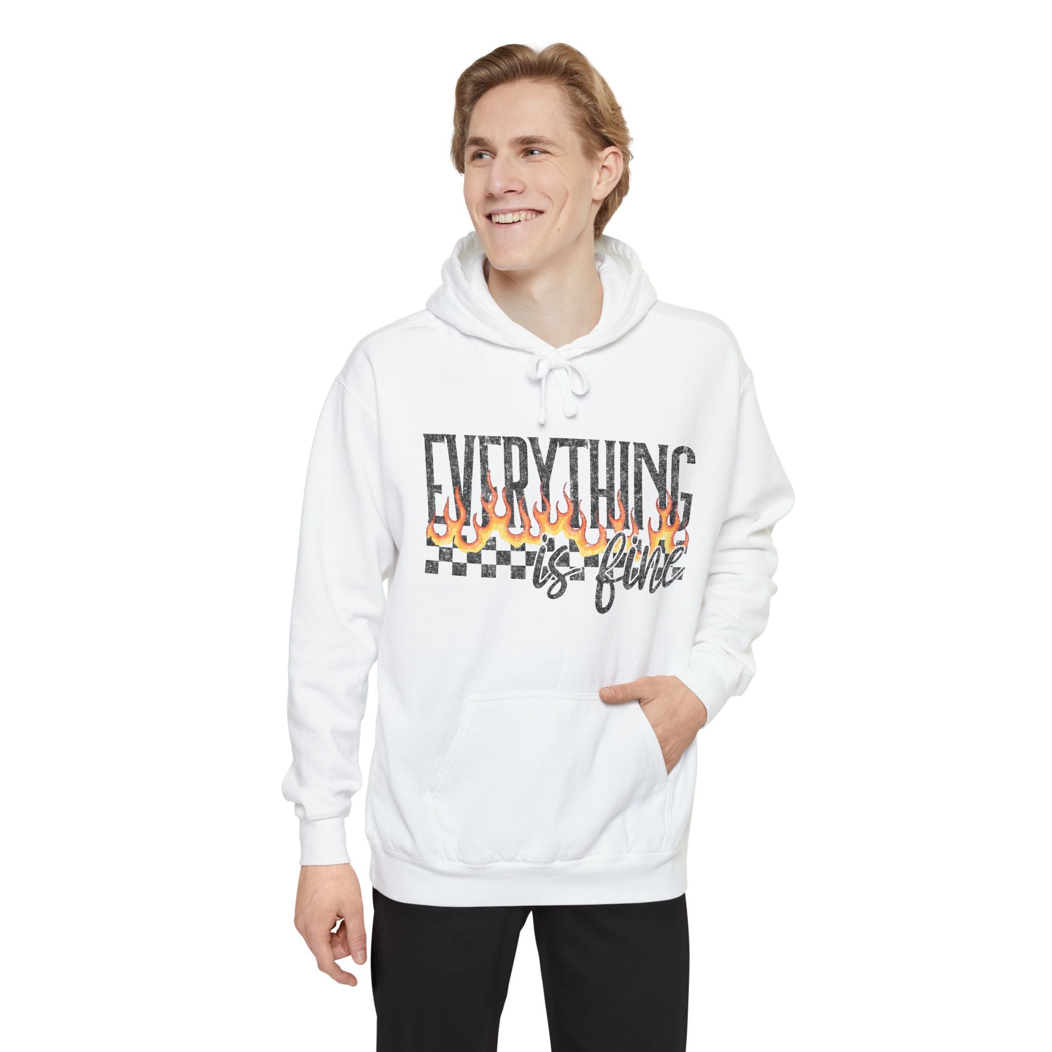 Everything Is Fine Hoodie — Retro Flame Checkerboard Graphic Pullover