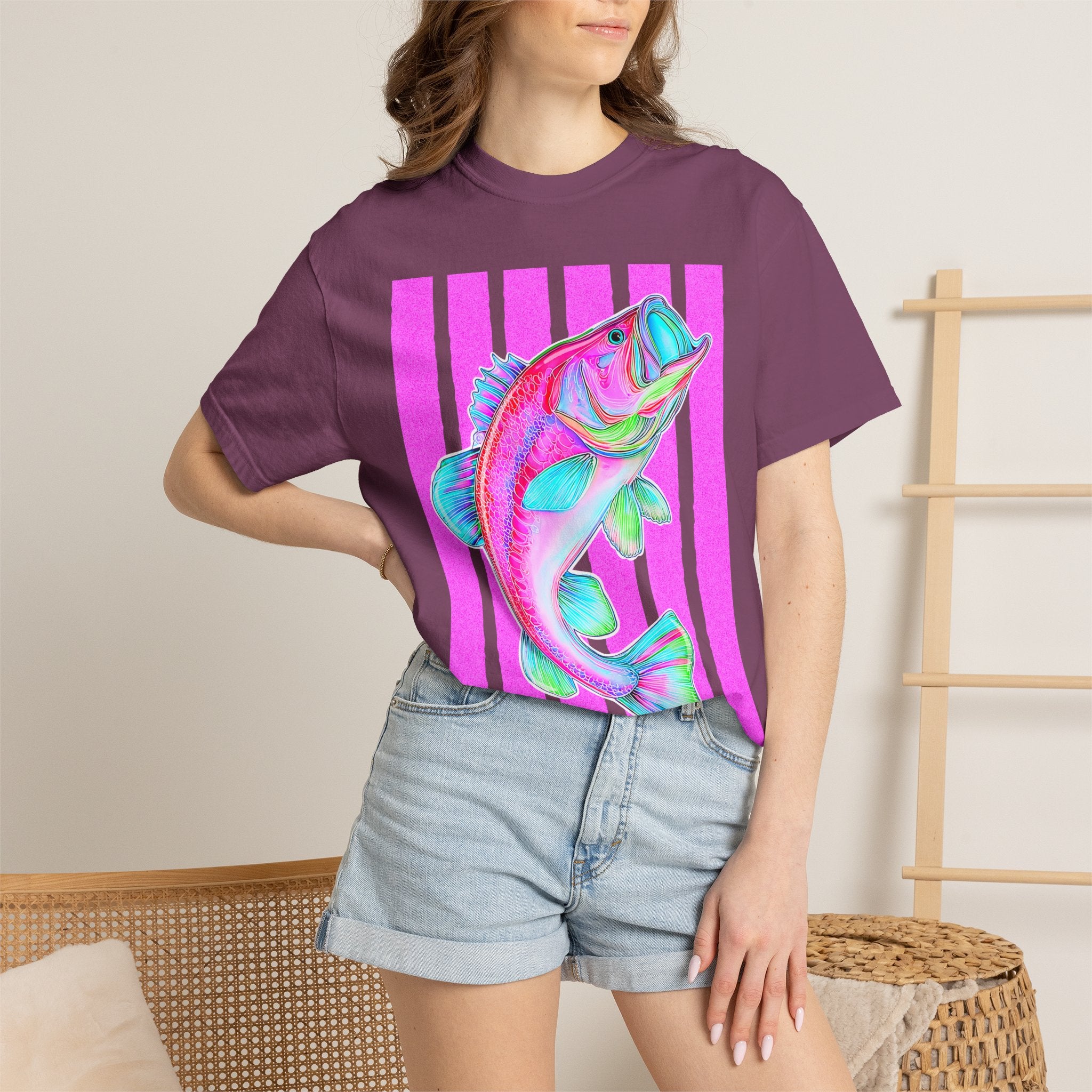 Neon Bass Fish T-Shirt — Retro Pink Stripe Fishing Tee