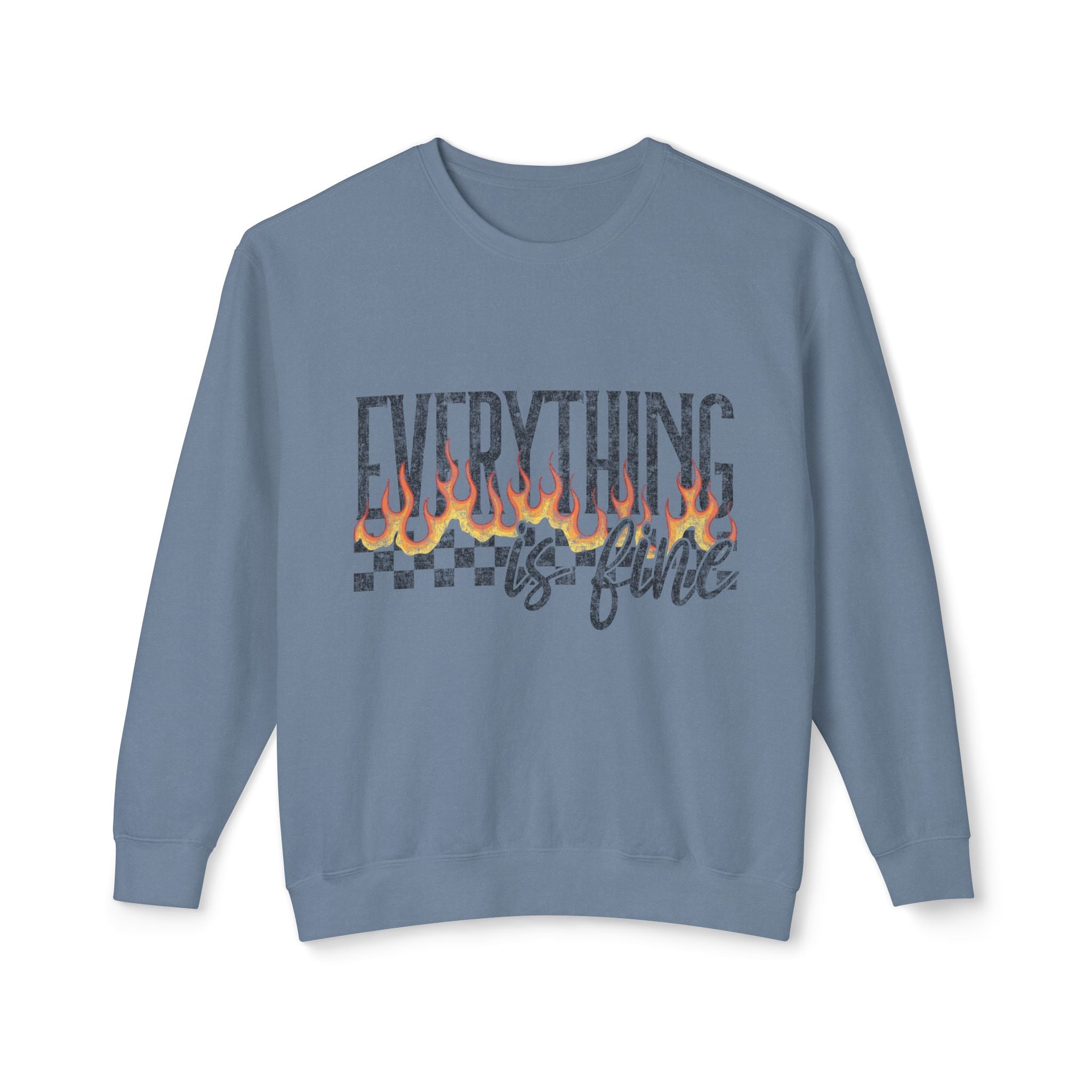 Everything Is Fine Crewneck Sweatshirt — Retro Flames & Checkered Graphic